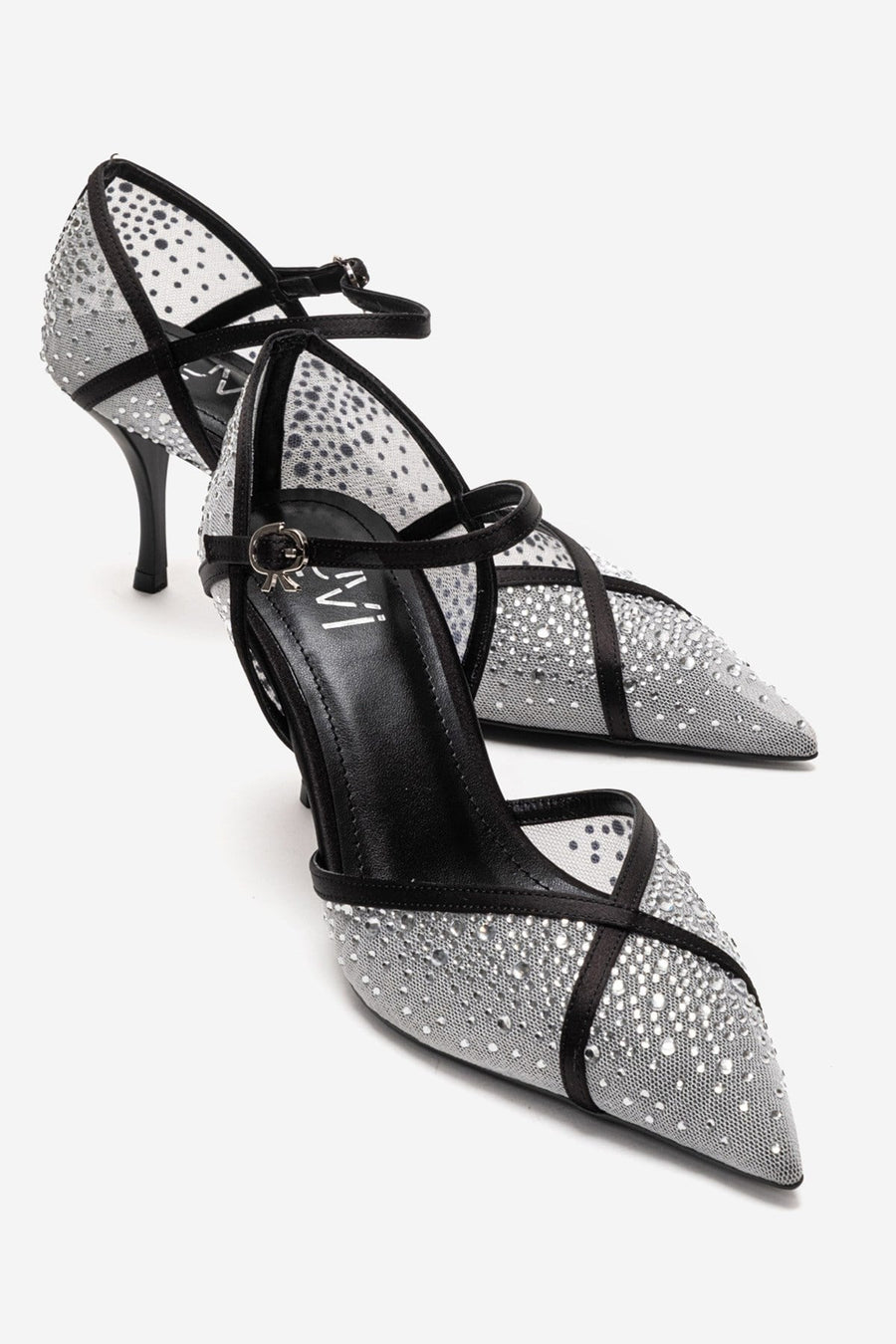 RACHEL - White And Black Genuine Leather Mesh And Satin Stone-Embellis