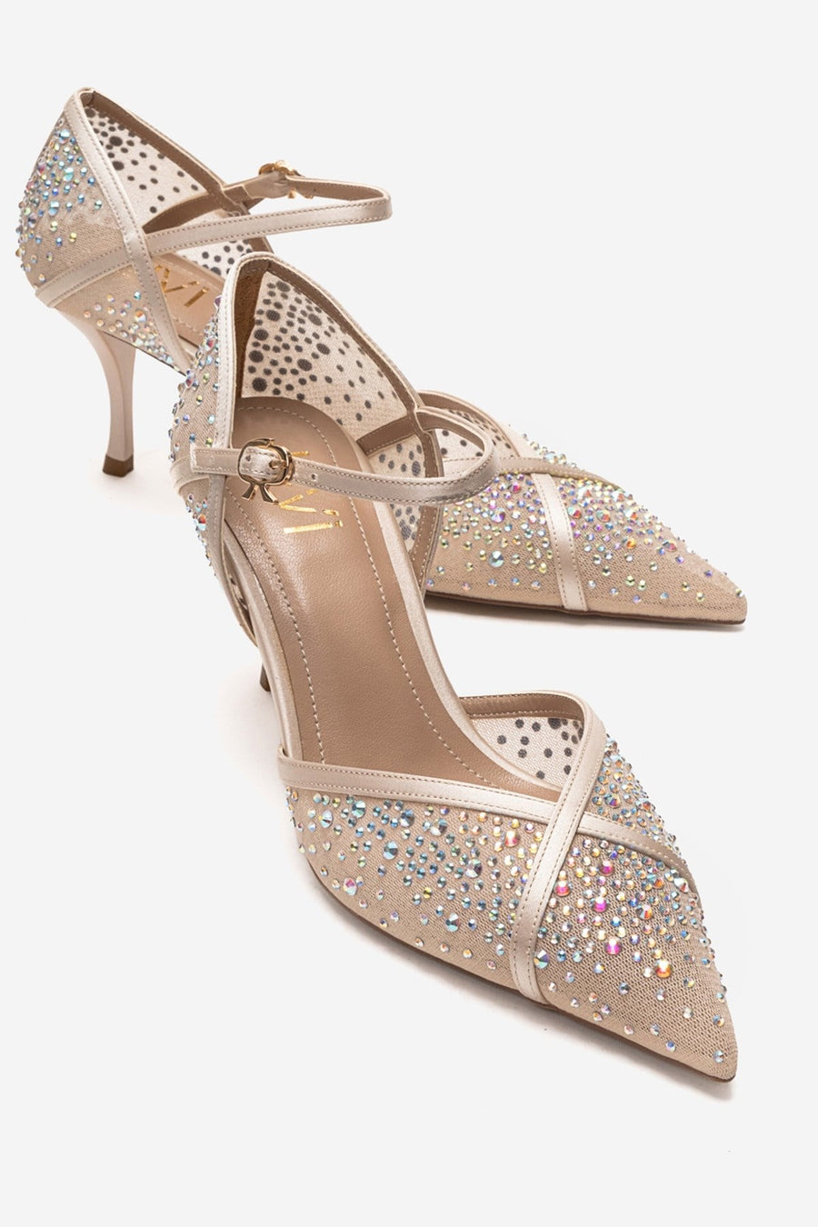 RACHEL - Beige Genuine Leather Satin Stone-Embellished Mesh Stiletto P