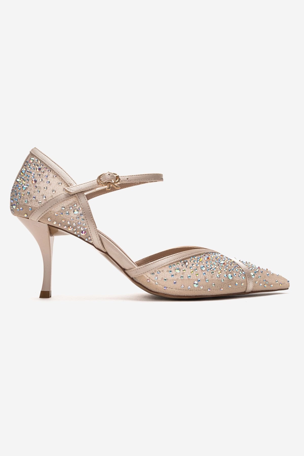 RACHEL - Beige Genuine Leather Satin Stone-Embellished Mesh Stiletto P – heel view showing satin, leather, mesh, SimmiUnique
