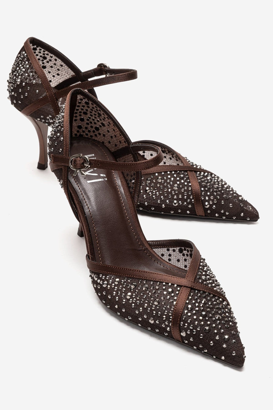 RACHEL - Brown Genuine Leather Satin Stone-Embellished Mesh Stiletto P