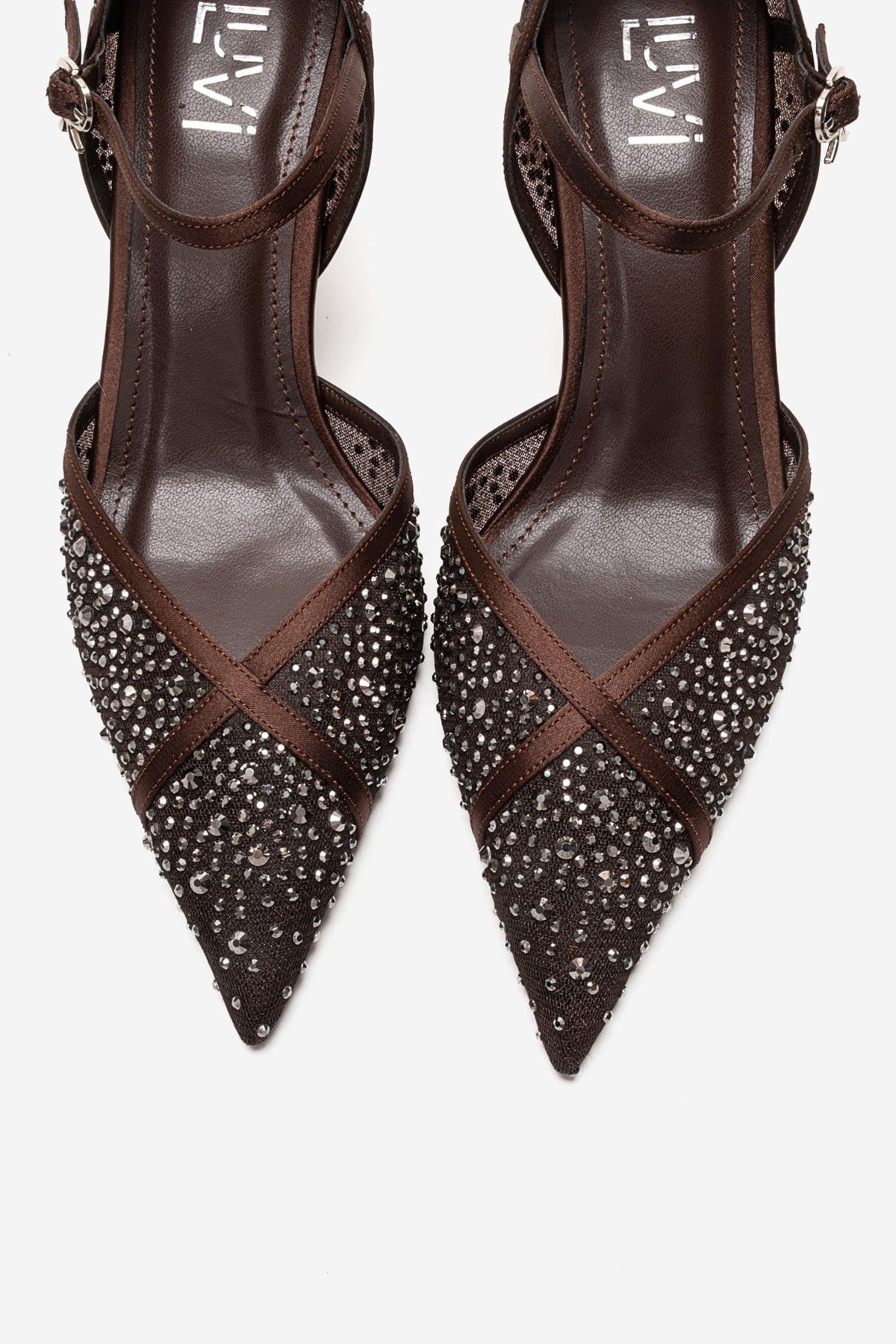 RACHEL - Brown Genuine Leather Satin Stone-Embellished Mesh Stiletto P – side view showing satin, leather, mesh, SimmiUnique