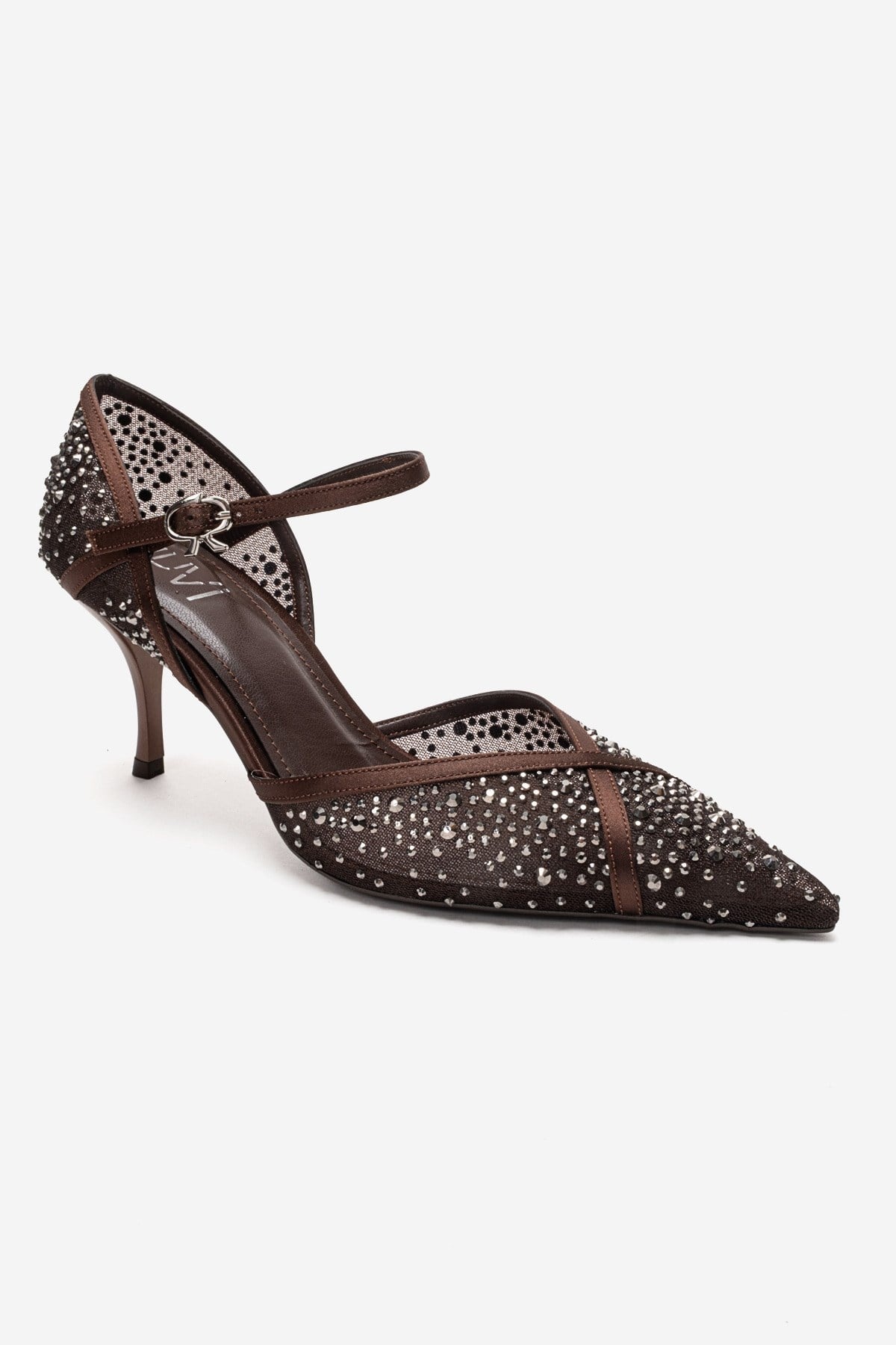 RACHEL - Brown Genuine Leather Satin Stone-Embellished Mesh Stiletto P – detail view showing satin, leather, mesh…
