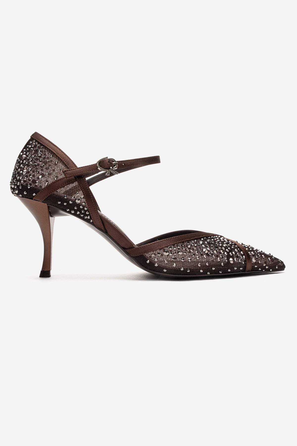 RACHEL - Brown Genuine Leather Satin Stone-Embellished Mesh Stiletto P – heel view showing satin, leather, mesh, SimmiUnique
