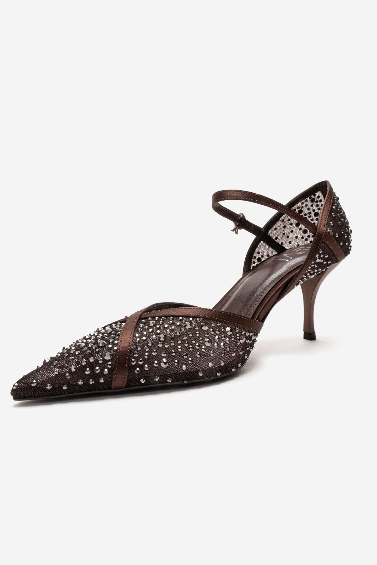 RACHEL - Brown Genuine Leather Satin Stone-Embellished Mesh Stiletto P – top view showing satin, leather, mesh, SimmiUnique