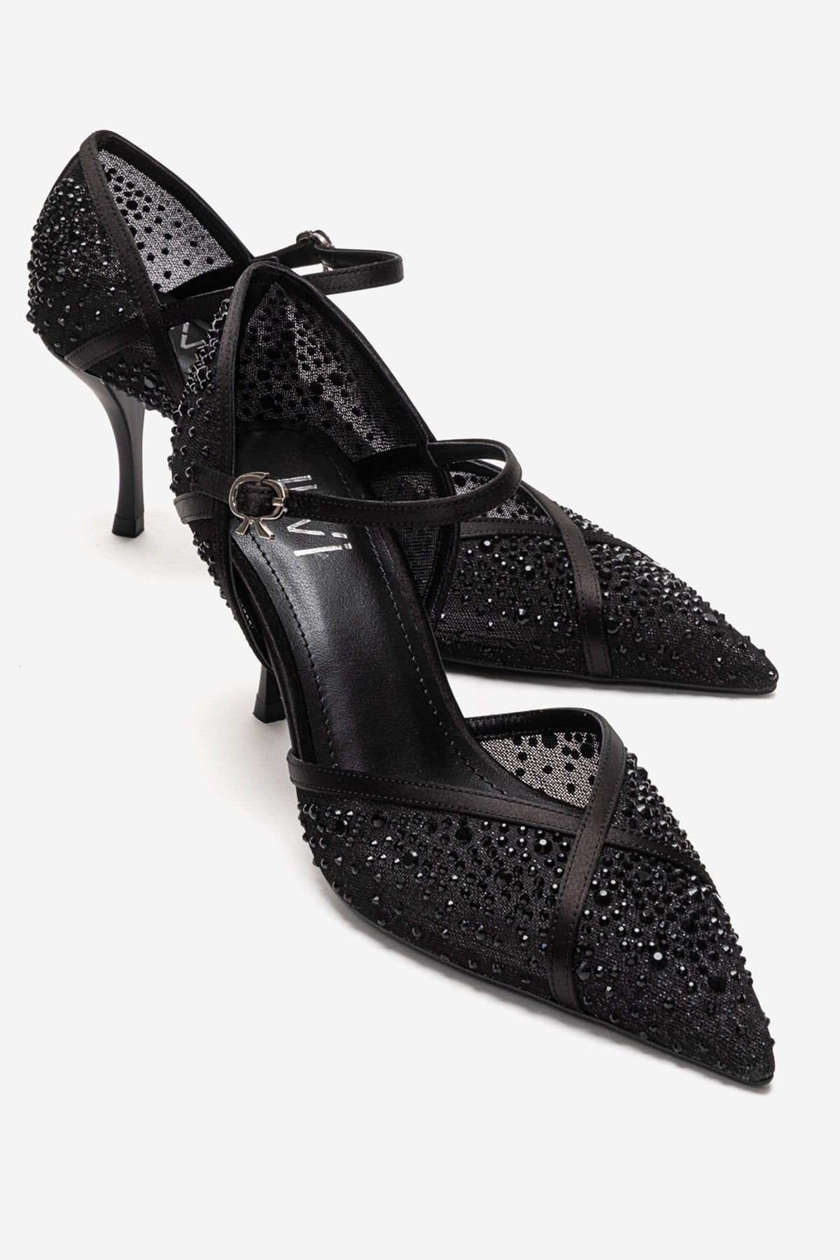 RACHEL - Black Genuine Leather Satin Stone-Embellished Mesh Stiletto P – front three-quarter view showing satin, leather…