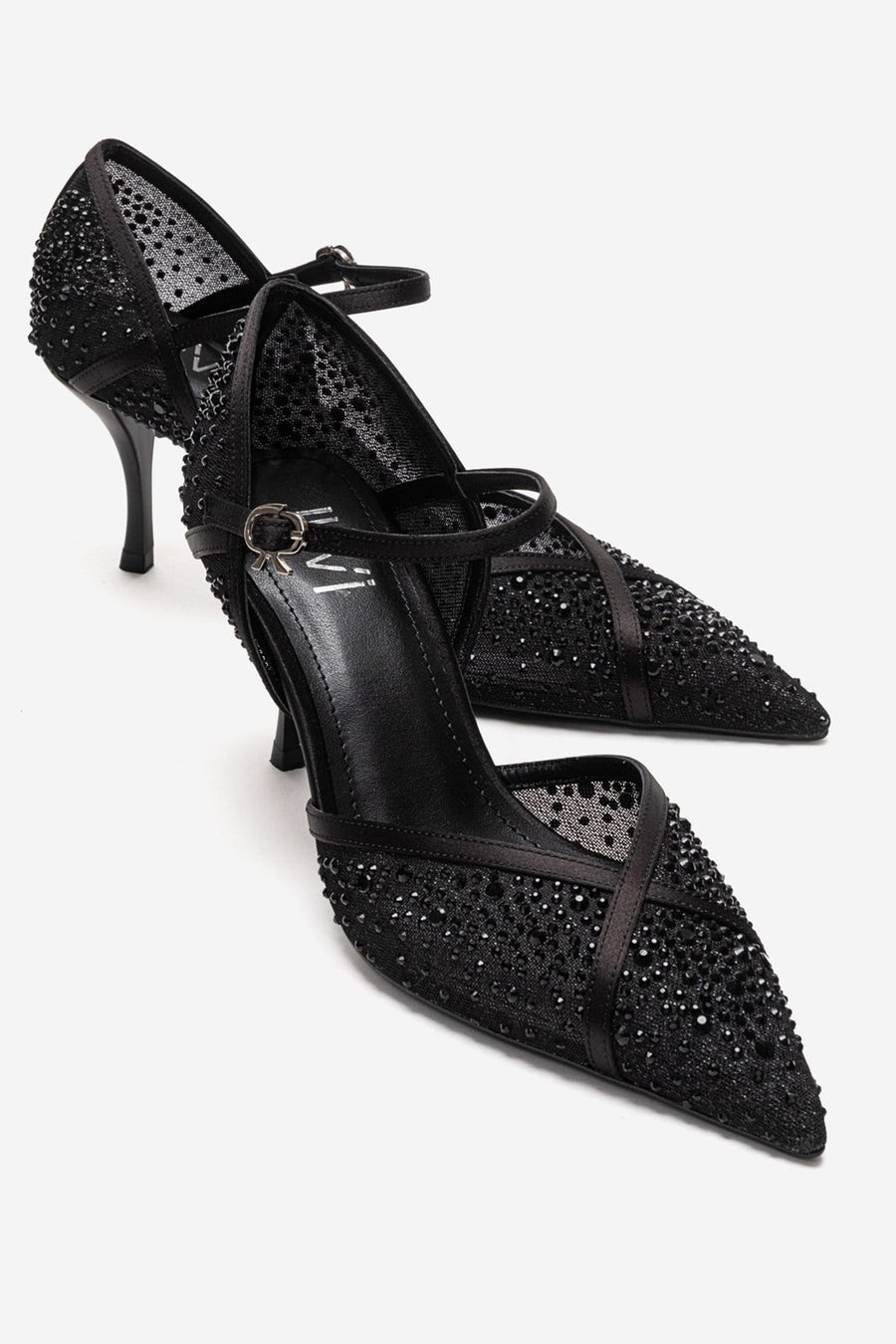 RACHEL - Black Genuine Leather Satin Stone-Embellished Mesh Stiletto P