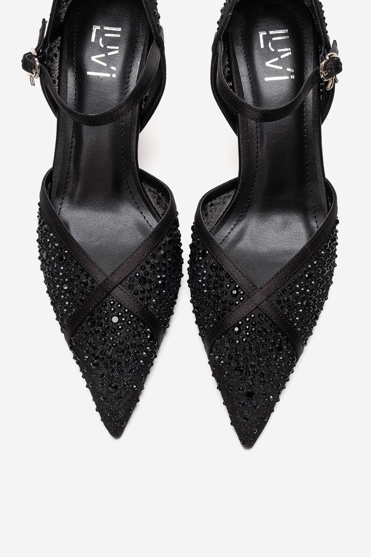 RACHEL - Black Genuine Leather Satin Stone-Embellished Mesh Stiletto P – side view showing satin, leather, mesh, SimmiUnique
