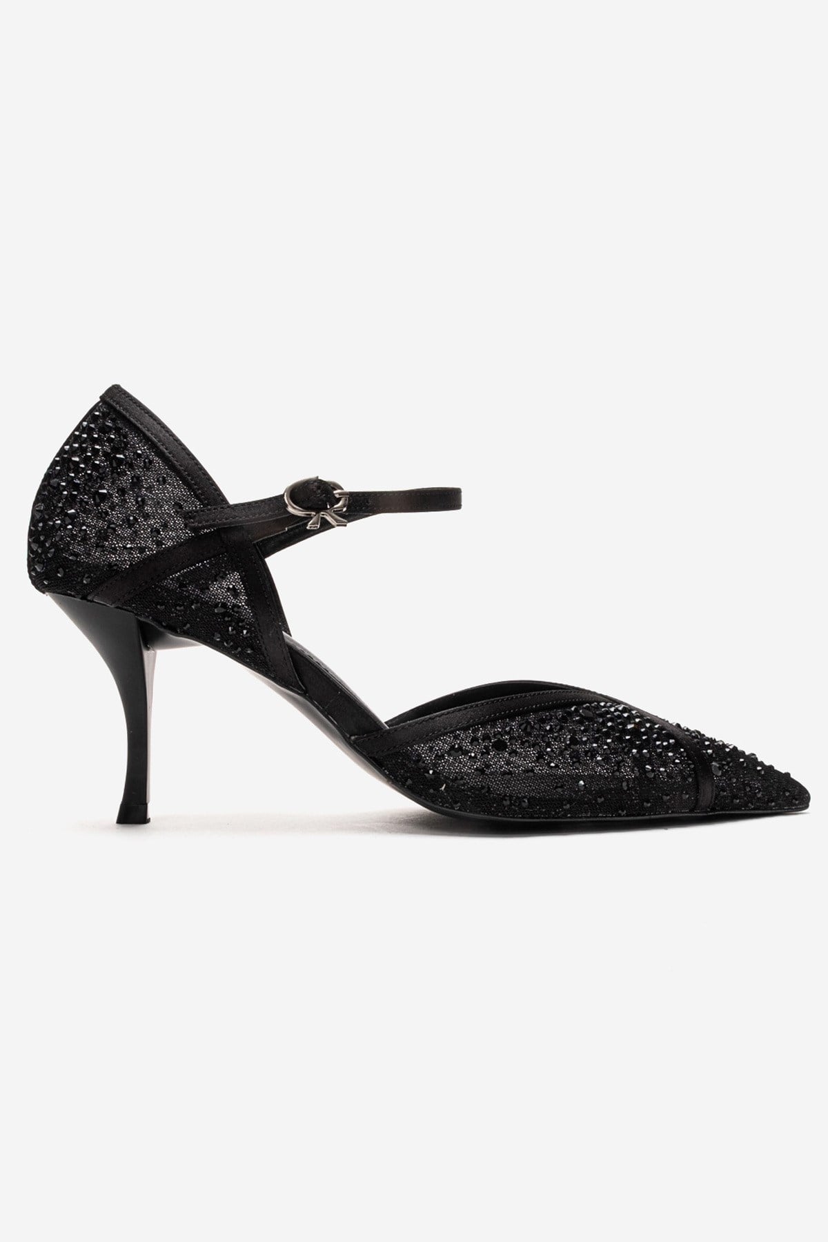 RACHEL - Black Genuine Leather Satin Stone-Embellished Mesh Stiletto P – heel view showing satin, leather, mesh, SimmiUnique