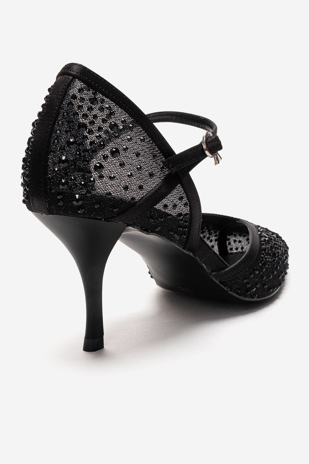 RACHEL - Black Genuine Leather Satin Stone-Embellished Mesh Stiletto P – back view showing satin, leather, mesh, SimmiUnique