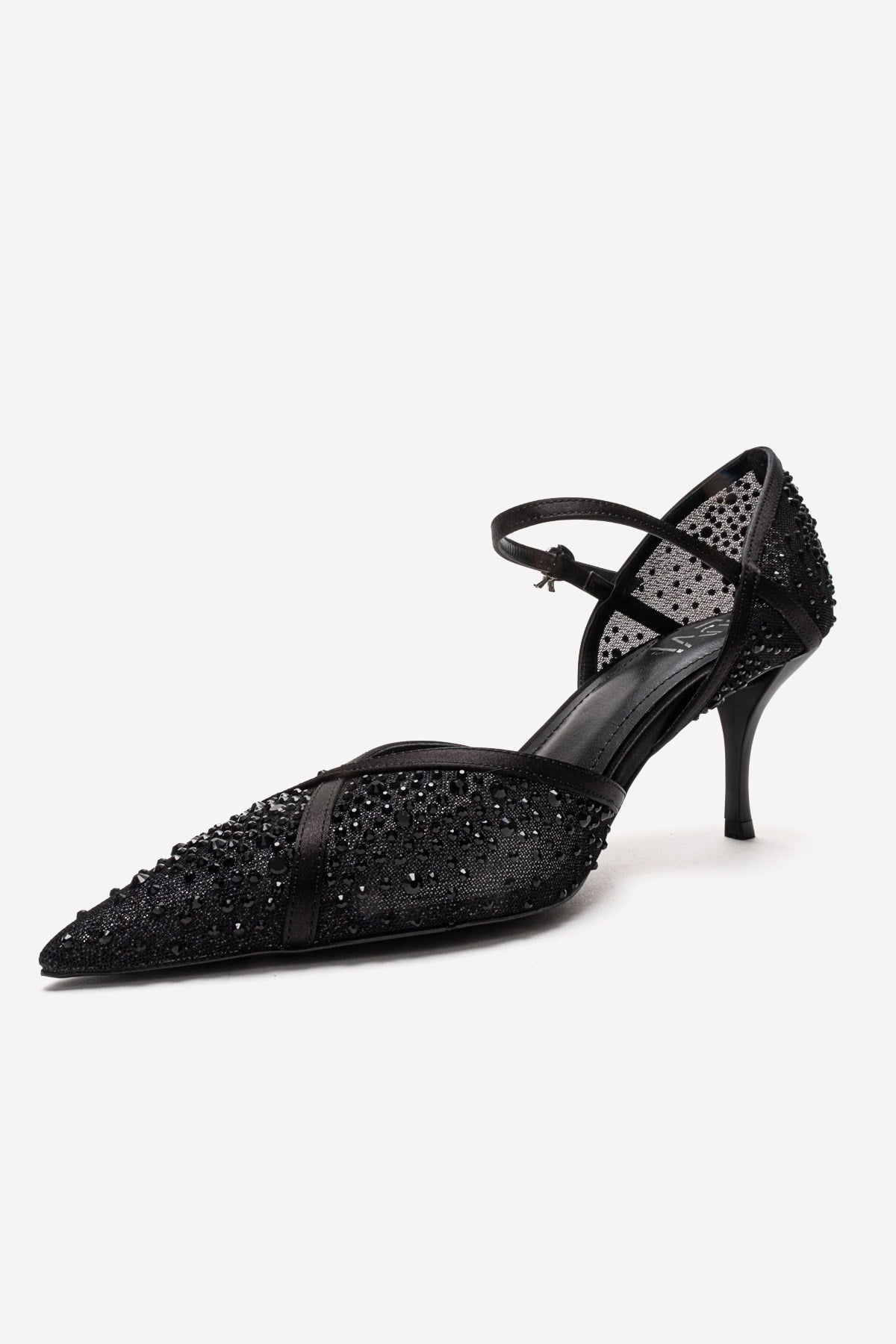 RACHEL - Black Genuine Leather Satin Stone-Embellished Mesh Stiletto P – top view showing satin, leather, mesh, SimmiUnique
