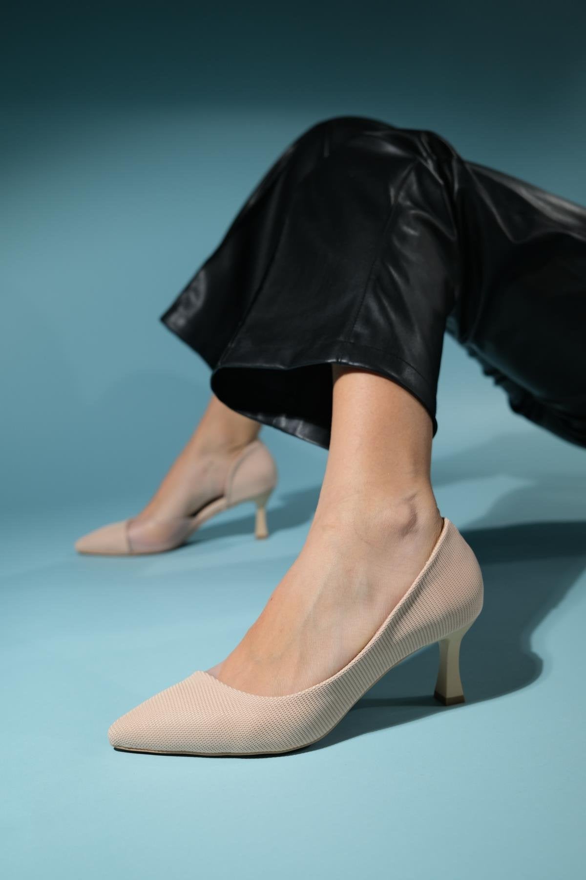 Chevy - Nude Striped Heeled Shoe – front three-quarter view showing leather, nude, SimmiUnique