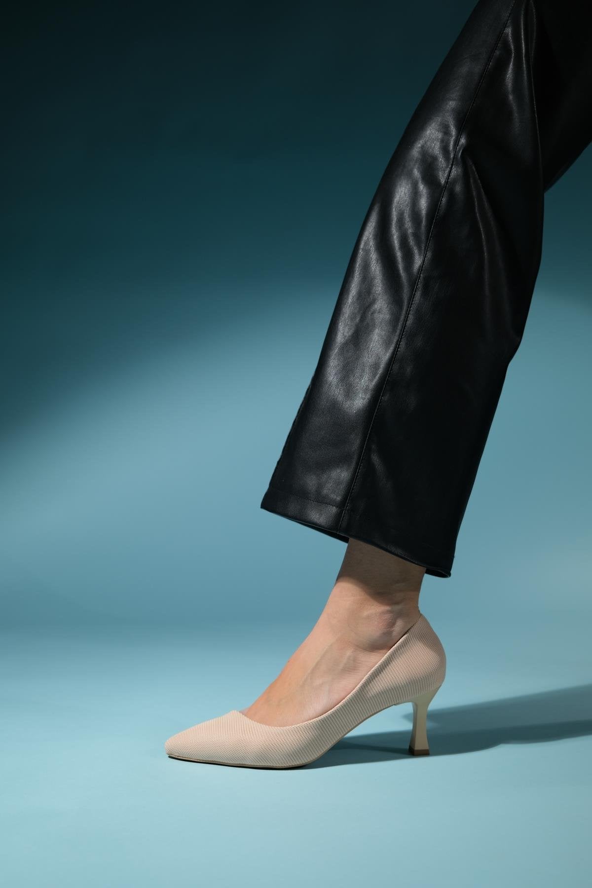 Chevy - Nude Striped Heeled Shoe – back view showing leather, nude, SimmiUnique