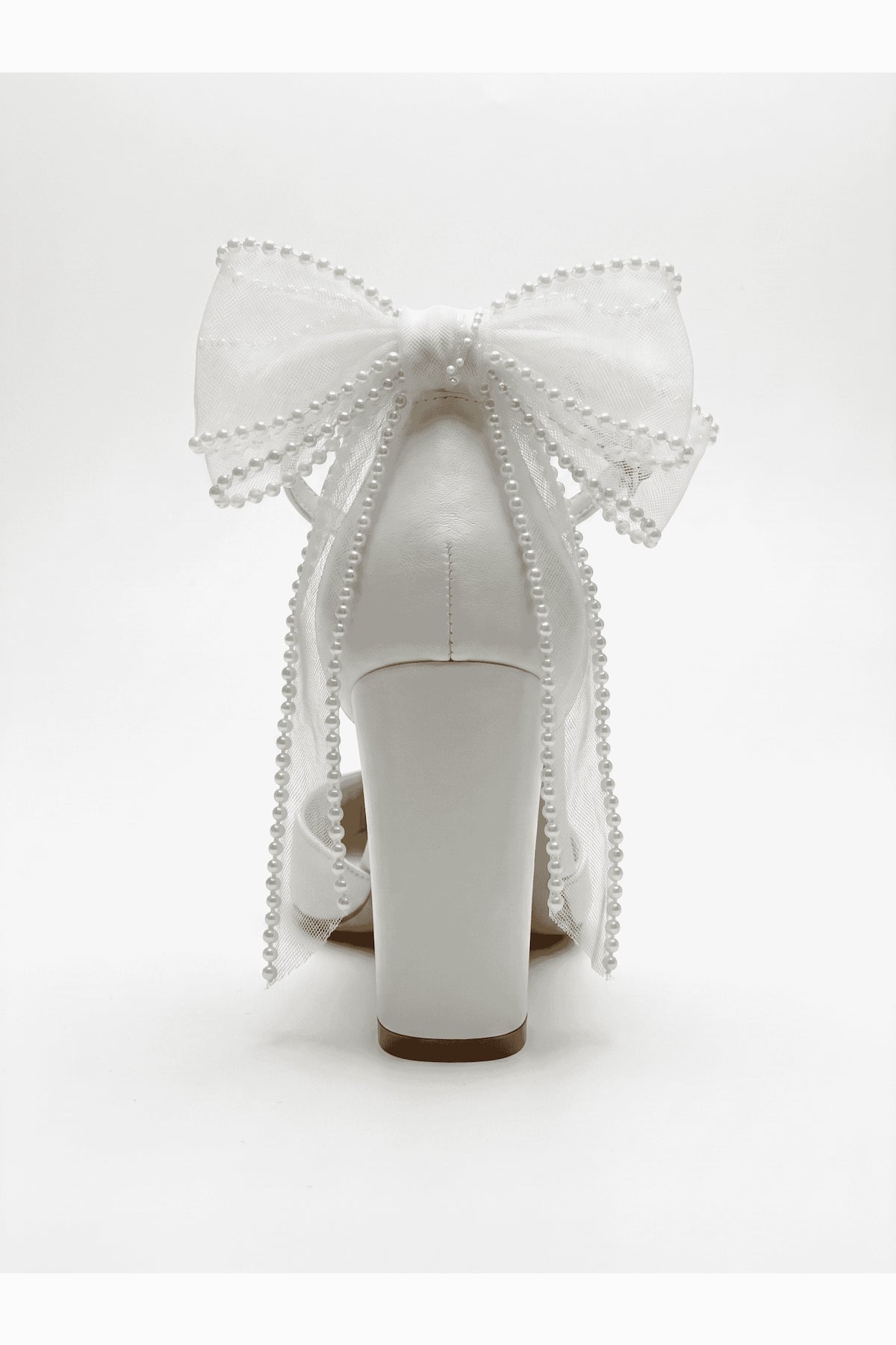 Elvienne Pointed Toe Bow Detail Block Heel Bridal Sandals – detail view showing bow, ivory, red, SimmiUnique