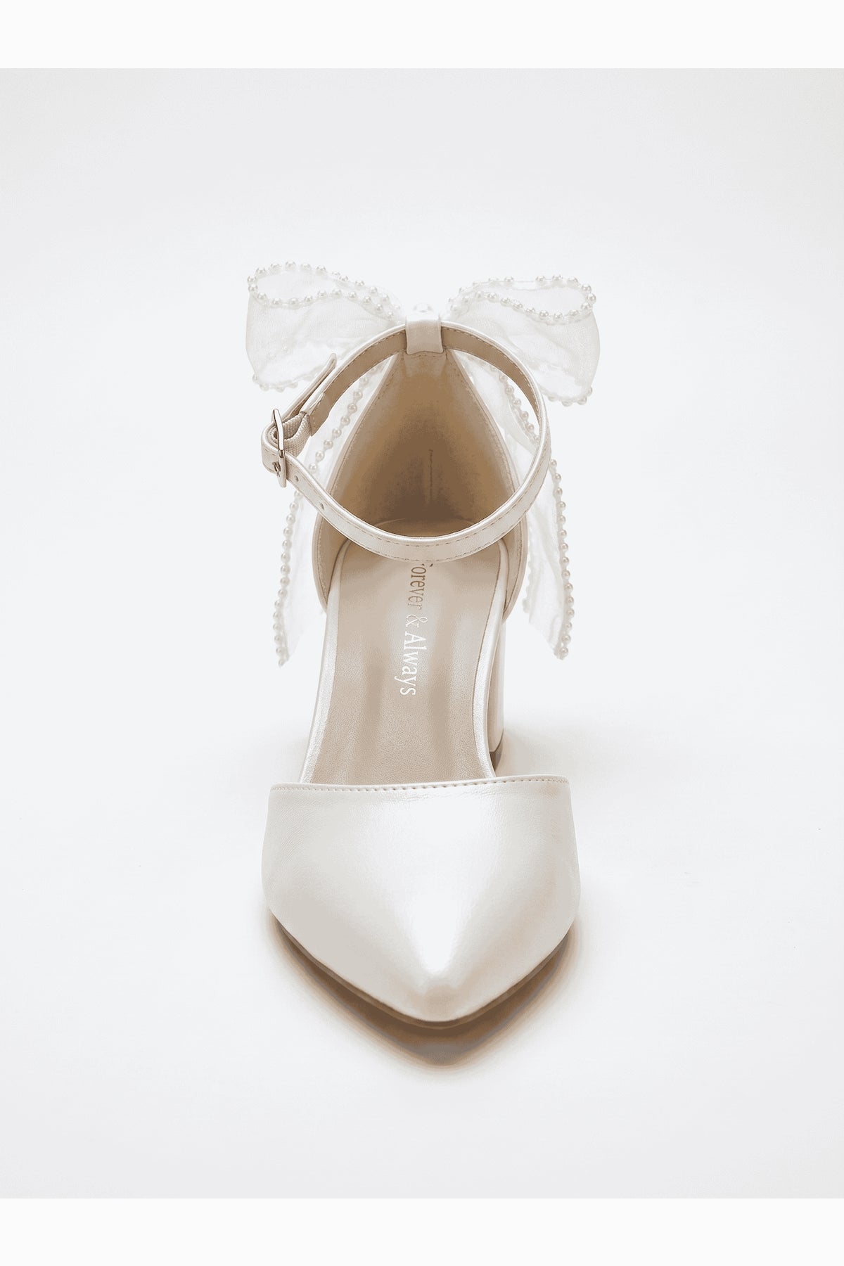 Rosavelle Pointed Toe Bow Detail Block Heel Bridal Sandals – heel view showing bow, lace, ivory, SimmiUnique