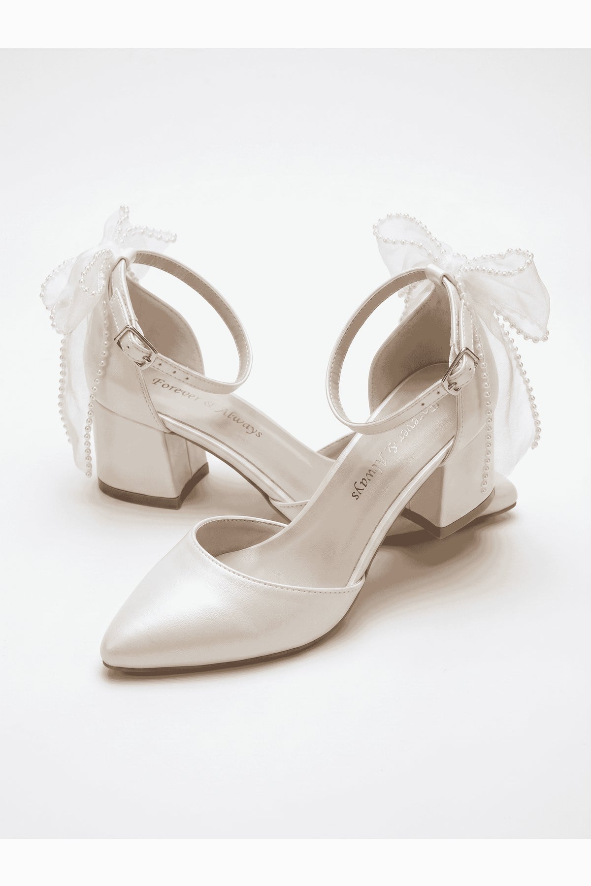 Rosavelle Pointed Toe Bow Detail Block Heel Bridal Sandals – back view showing bow, lace, ivory, SimmiUnique