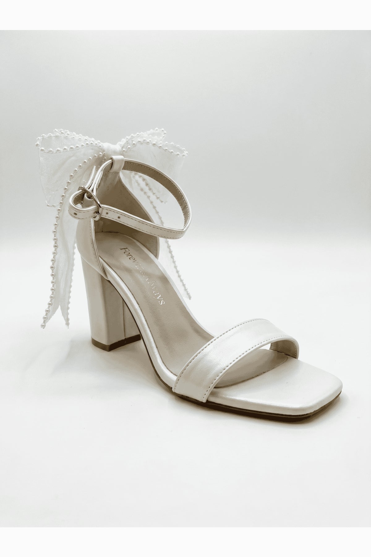Evarose Open Toe Bow Detail Block Heel Bridal Sandals – front three-quarter view showing bow, lace, ivory, SimmiUnique