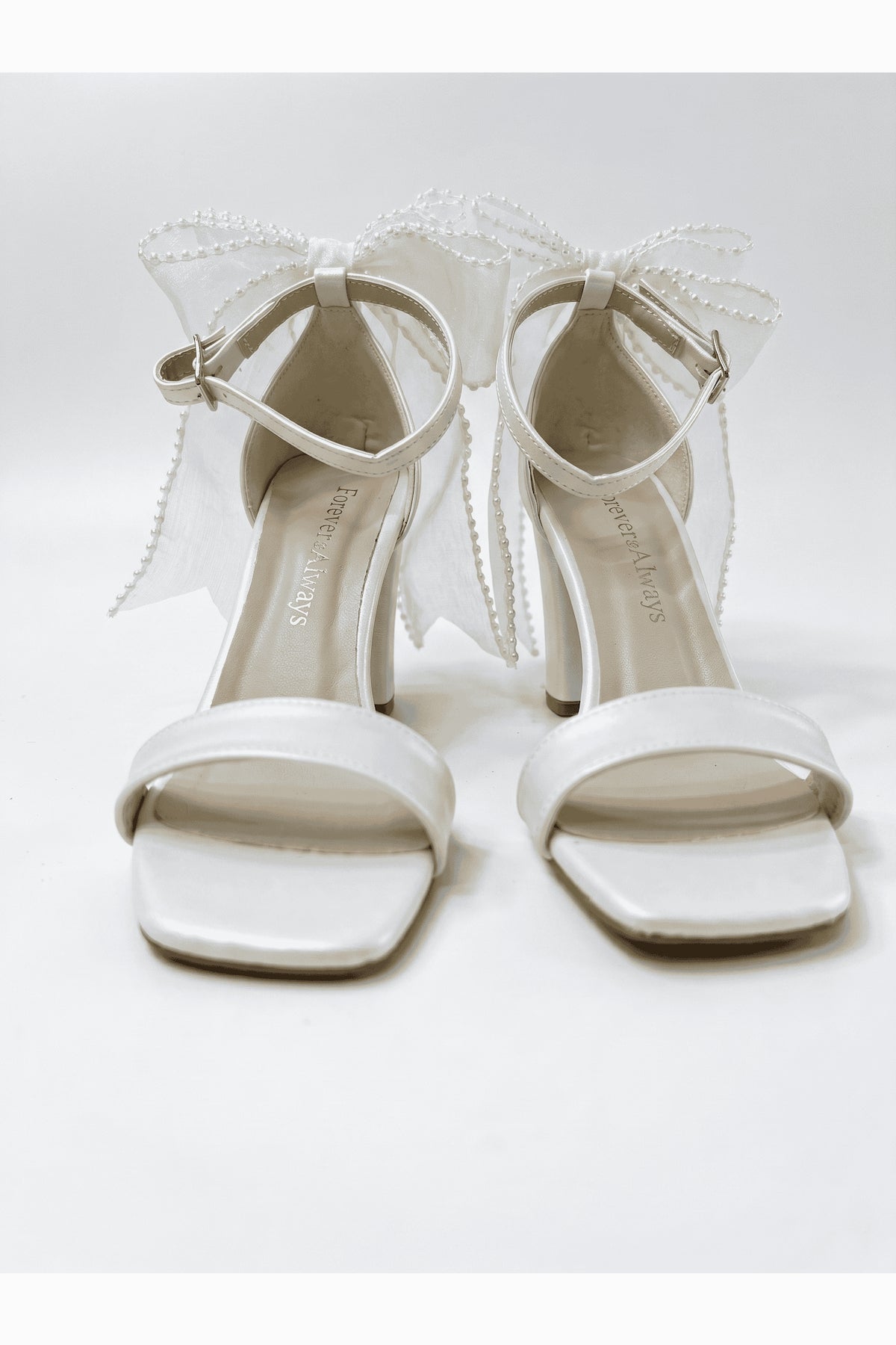 Evarose Open Toe Bow Detail Block Heel Bridal Sandals – heel view showing bow, lace, ivory, SimmiUnique