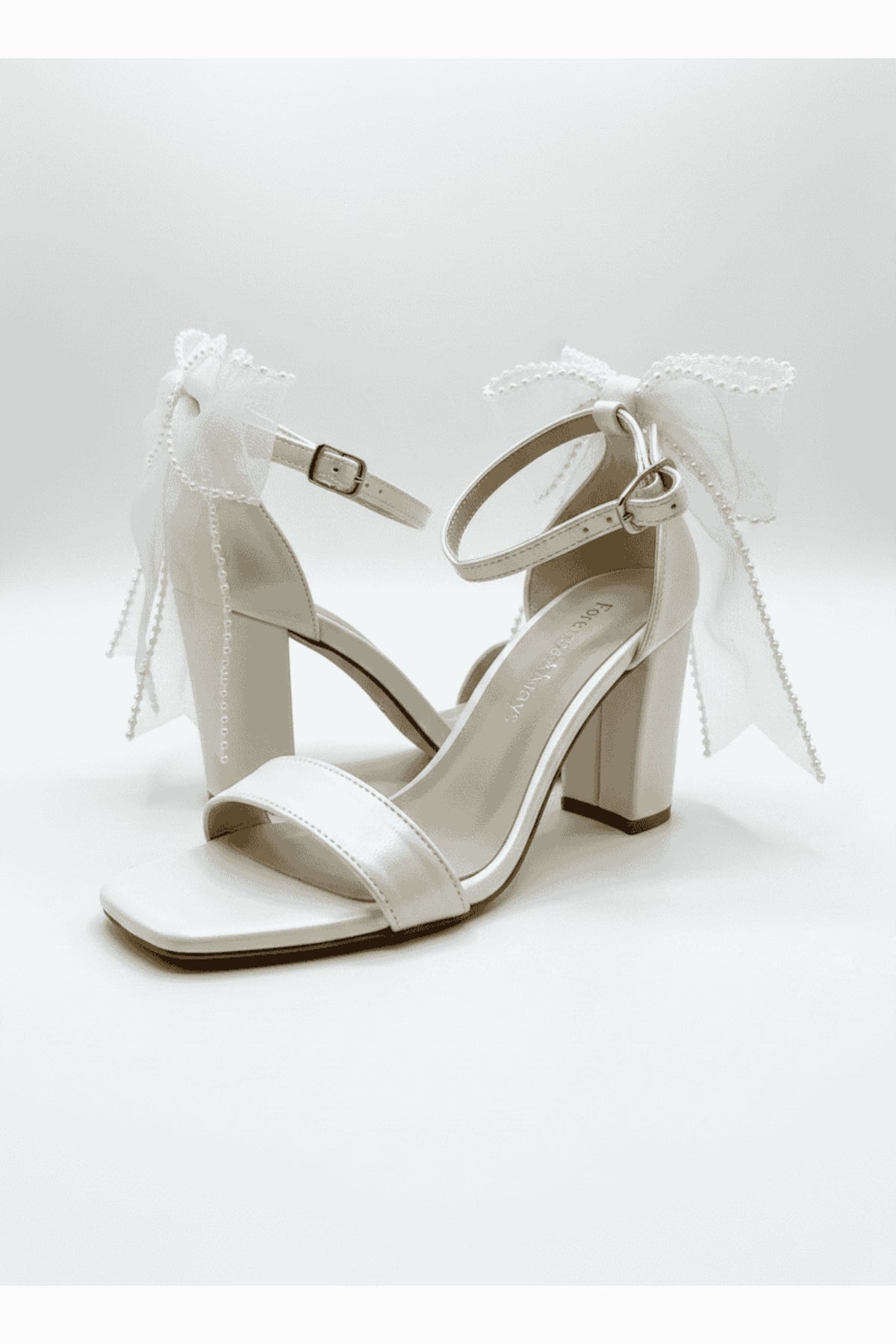 Evarose Open Toe Bow Detail Block Heel Bridal Sandals – back view showing bow, lace, ivory, SimmiUnique