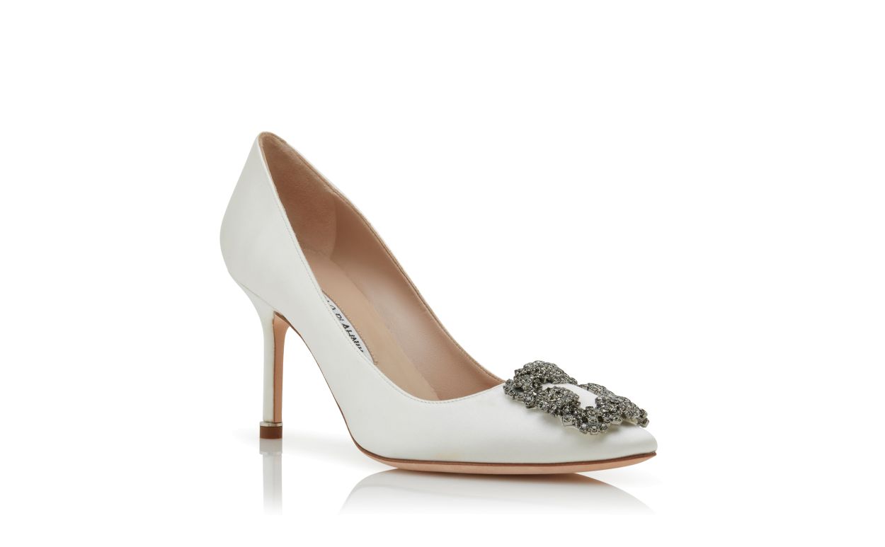Bianca Élan White Jewel Buckle Pumps – top view showing white jewel buckle, crystal buckle, almond toe, satin, SimmiUnique