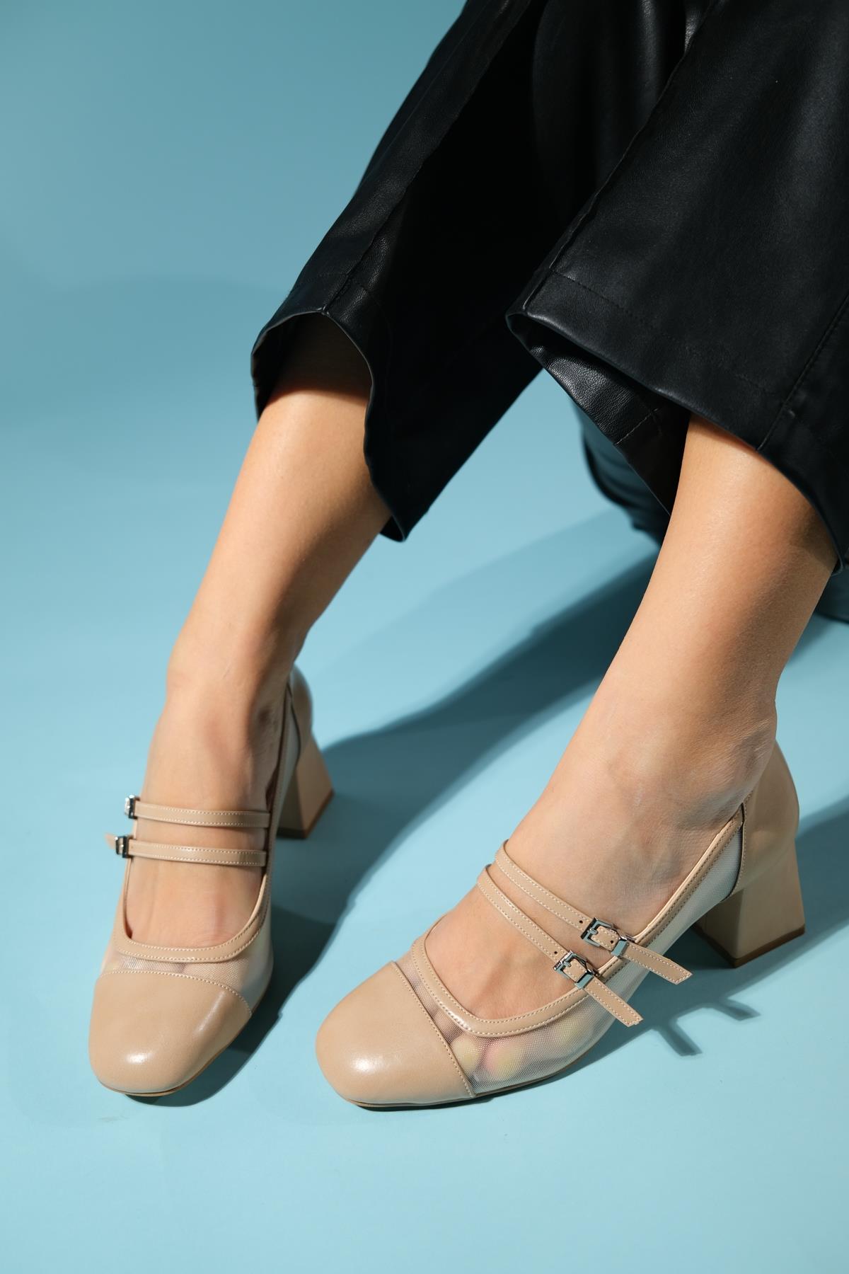 Scots - Beige Block Heel Shoe – side view showing leather, SimmiUnique