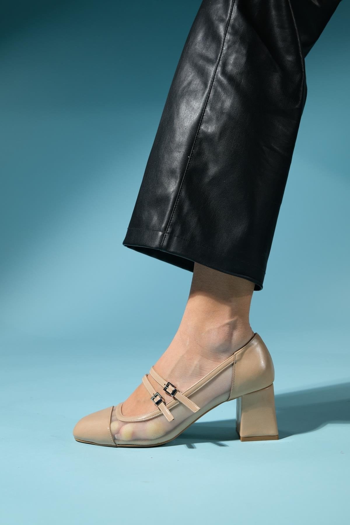 Scots - Beige Block Heel Shoe – detail view showing leather, SimmiUnique