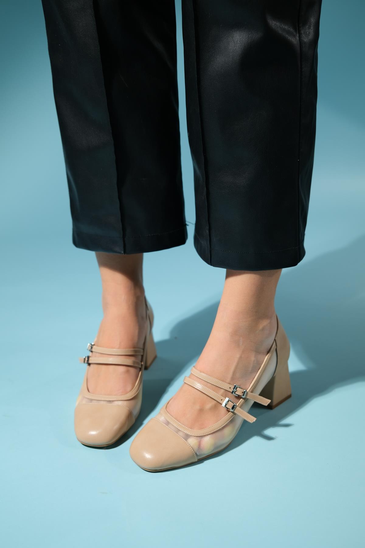 Scots - Beige Block Heel Shoe – back view showing leather, SimmiUnique