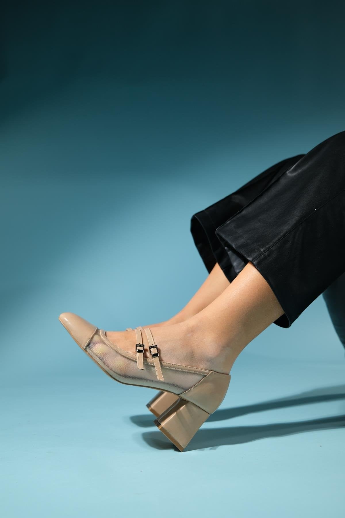 Scots - Beige Block Heel Shoe – top view showing leather, SimmiUnique