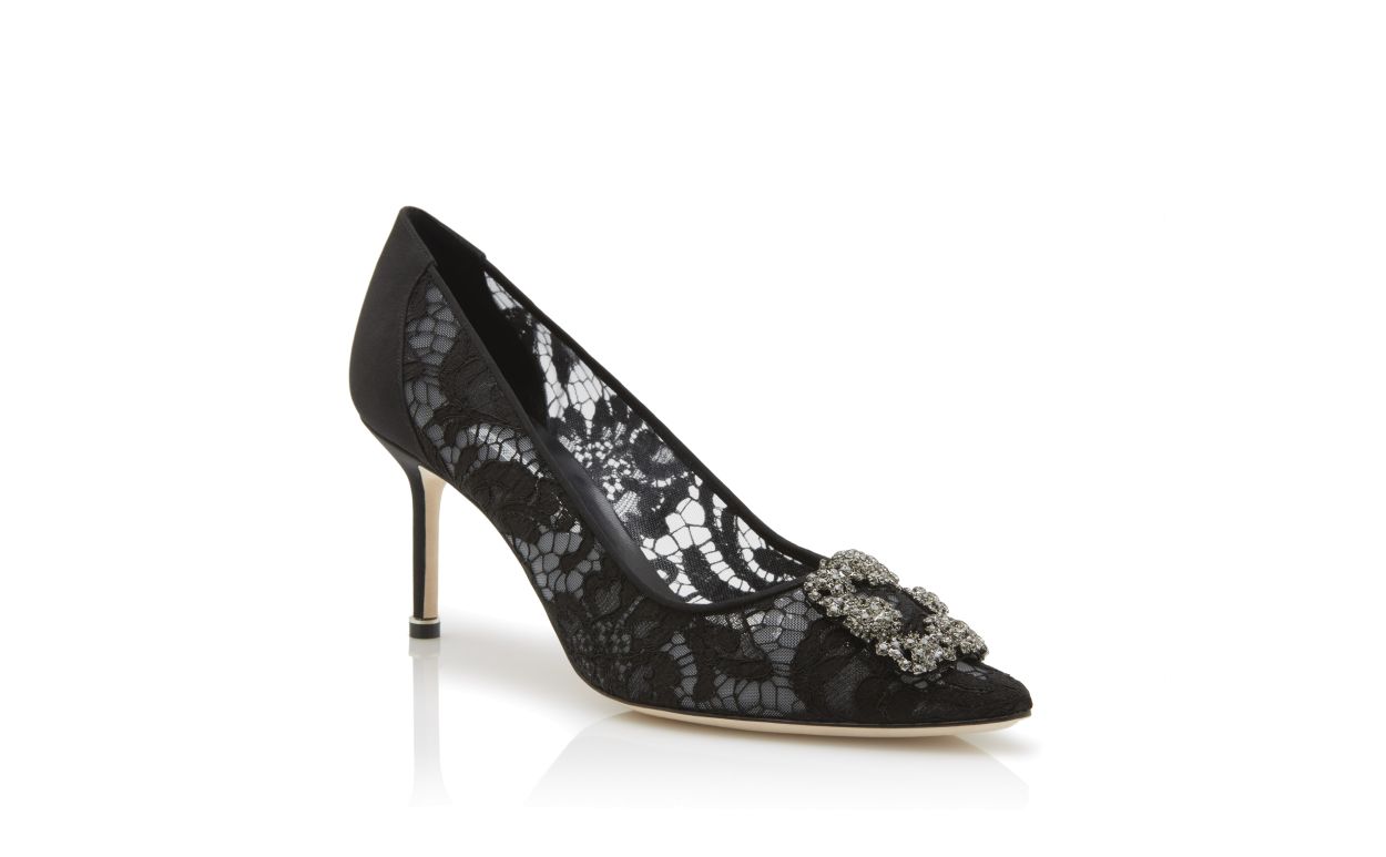 Ophelia Élan Black Jewel Buckle Pumps – top view showing black jewel buckle, crystal buckle, almond toe, satin, SimmiUnique