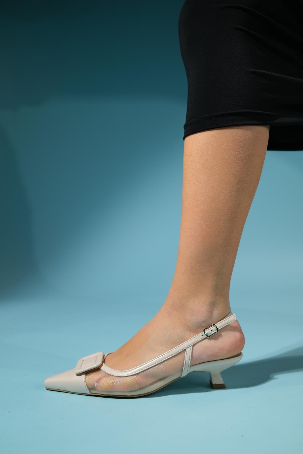 Amora - Beige Buckled Low-Heeled Shoe – heel view showing leather, SimmiUnique