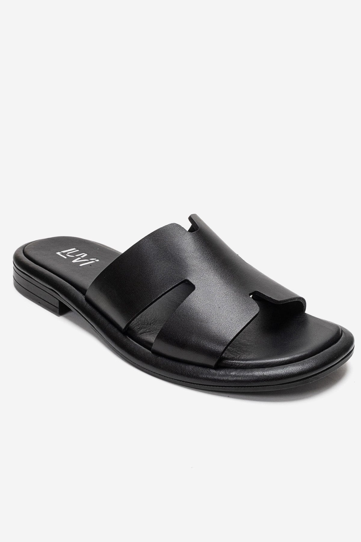 BRIO - Black Genuine Leather Slide – detail view showing leather, black, SimmiUnique