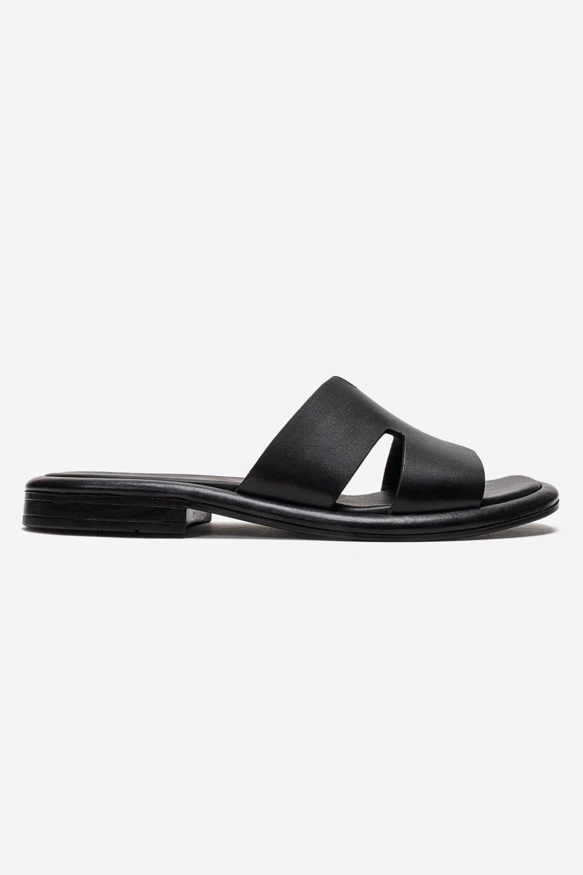 BRIO - Black Genuine Leather Slide – heel view showing leather, black, SimmiUnique