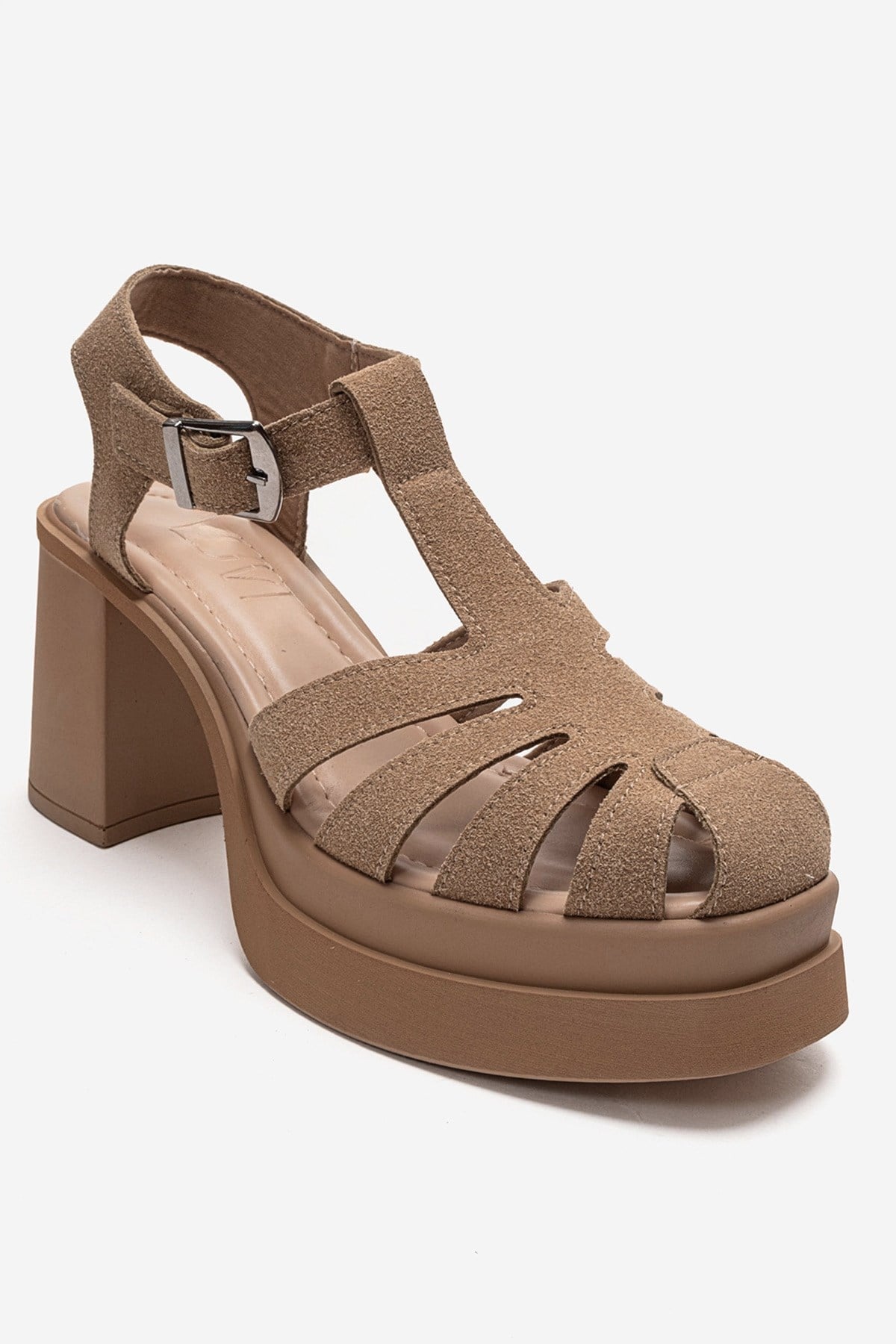ROVENA - Cognac Suede Platform Block Heel Sandal – detail view showing leather, suede, SimmiUnique