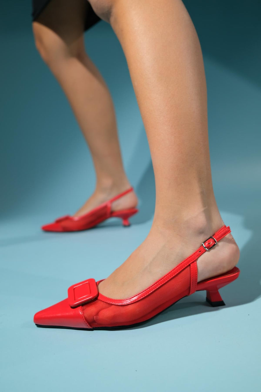 Amora - Red Buckled Low-Heeled Shoe