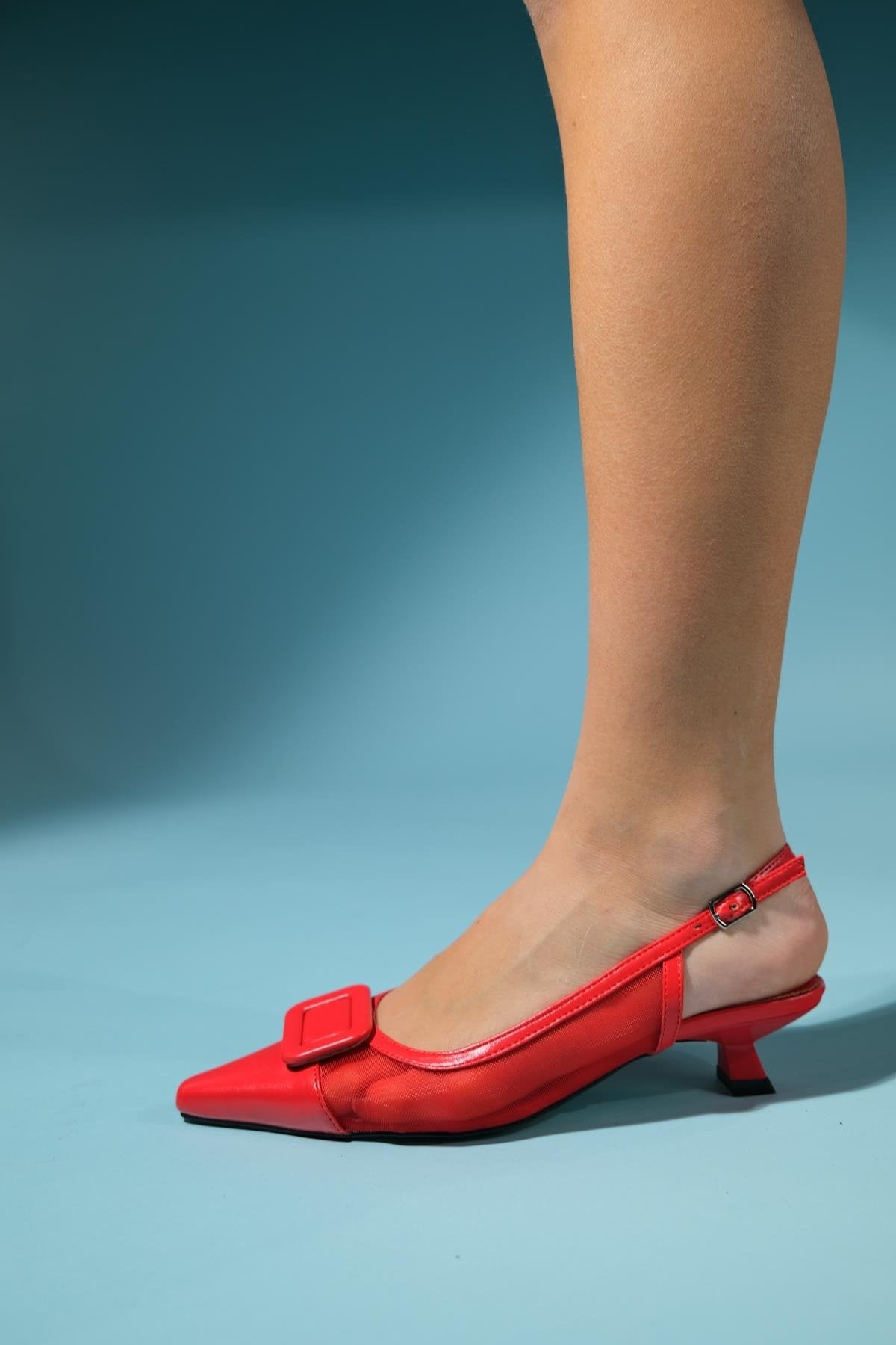 Amora - Red Buckled Low-Heeled Shoe – back view showing leather, red, SimmiUnique