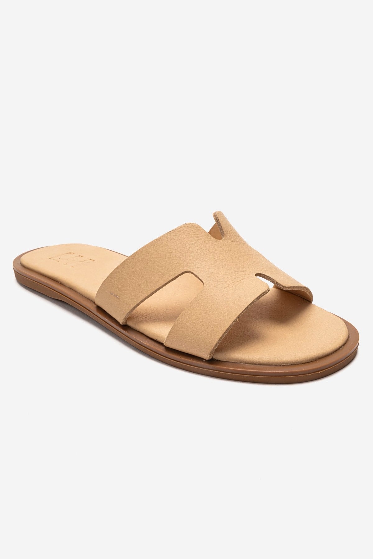 BIORA - Taupe Genuine Leather Slide – detail view showing leather, SimmiUnique