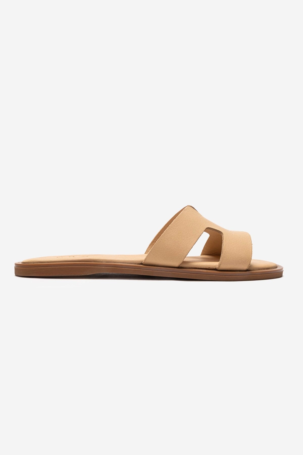BIORA - Taupe Genuine Leather Slide – heel view showing leather, SimmiUnique