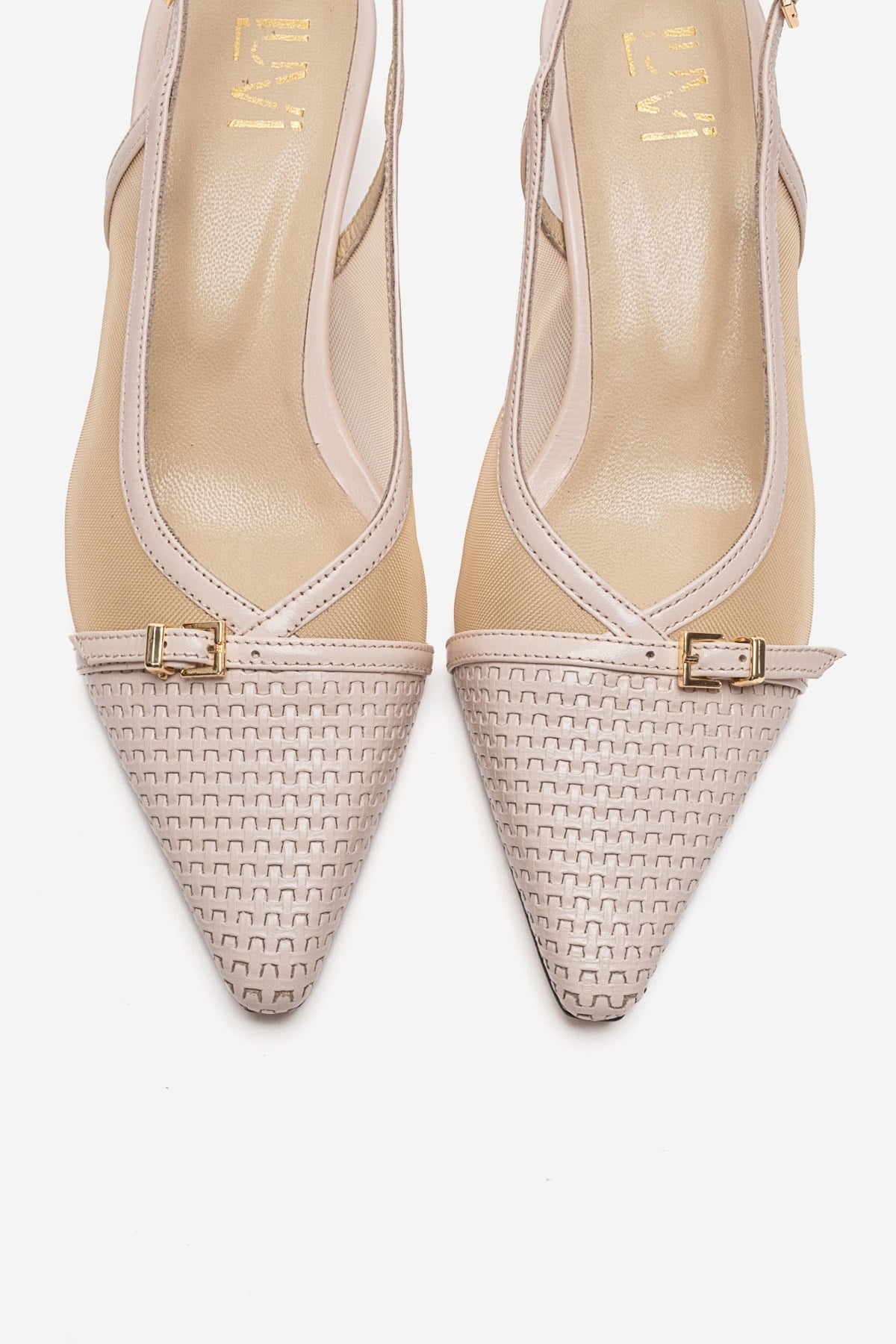 LAVIERA - Beige Genuine Leather Slingback Low Heel Pump – side view showing leather, mesh, metallic, SimmiUnique