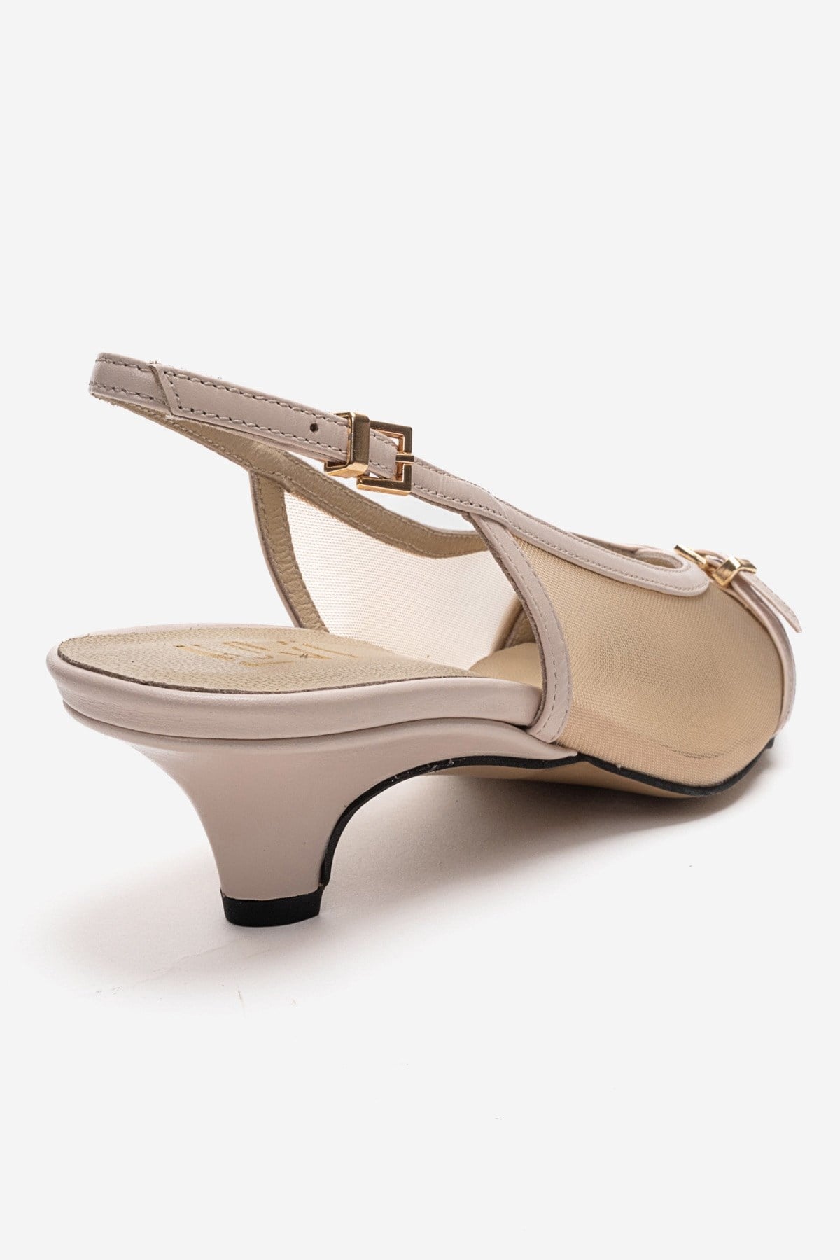 LAVIERA - Beige Genuine Leather Slingback Low Heel Pump – back view showing leather, mesh, metallic, SimmiUnique