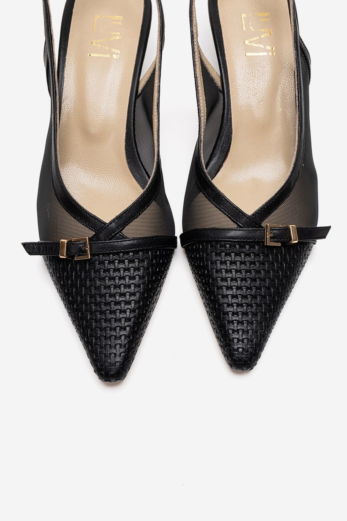 LAVIERA - Black Genuine Leather Slingback Low Heel Pump – side view showing leather, mesh, metallic, SimmiUnique
