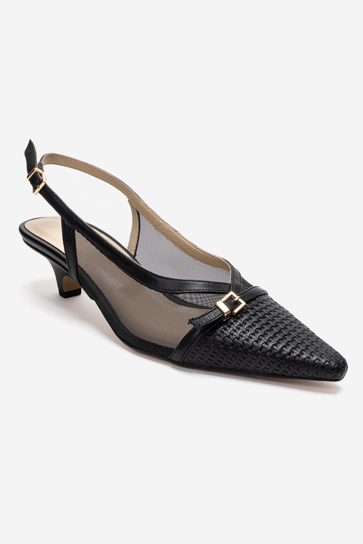 LAVIERA - Black Genuine Leather Slingback Low Heel Pump – detail view showing leather, mesh, metallic, SimmiUnique