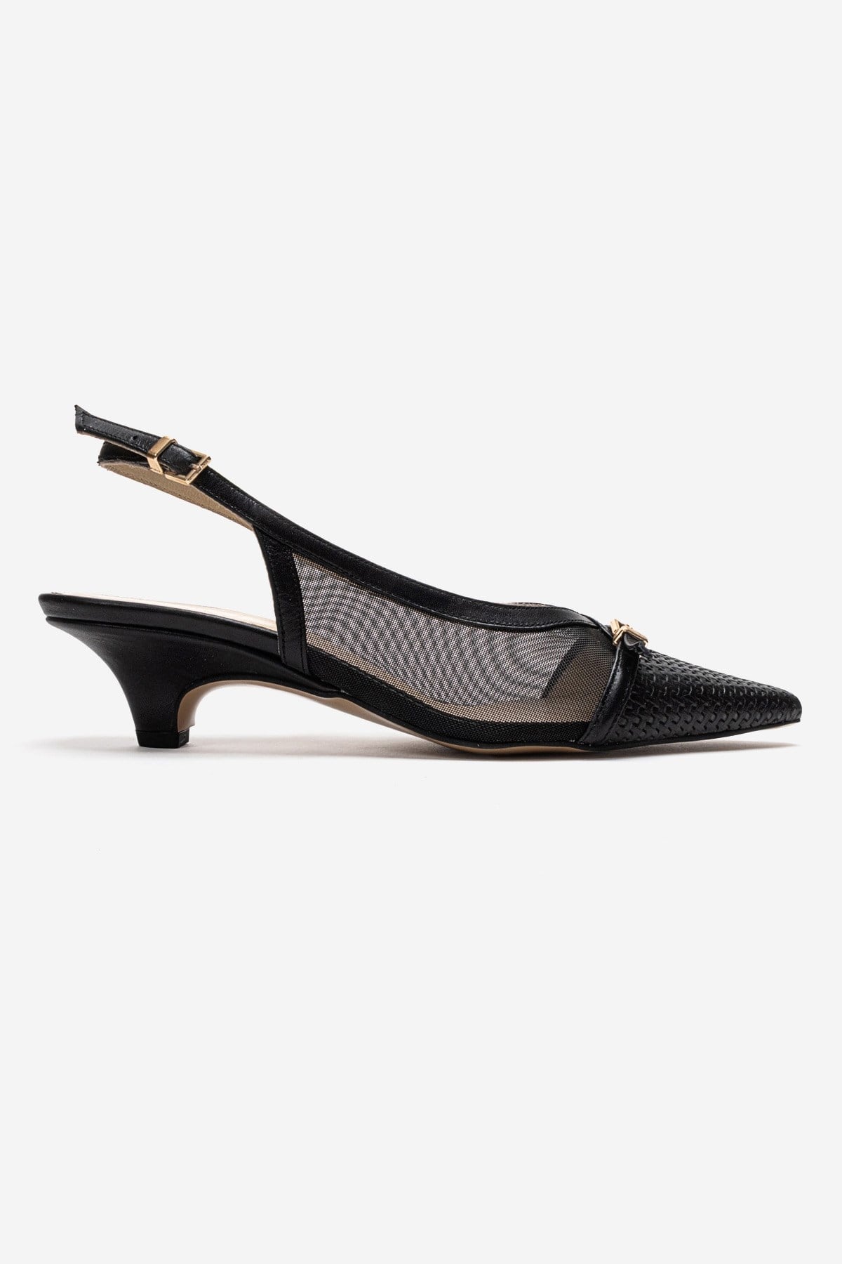 LAVIERA - Black Genuine Leather Slingback Low Heel Pump – heel view showing leather, mesh, metallic, SimmiUnique
