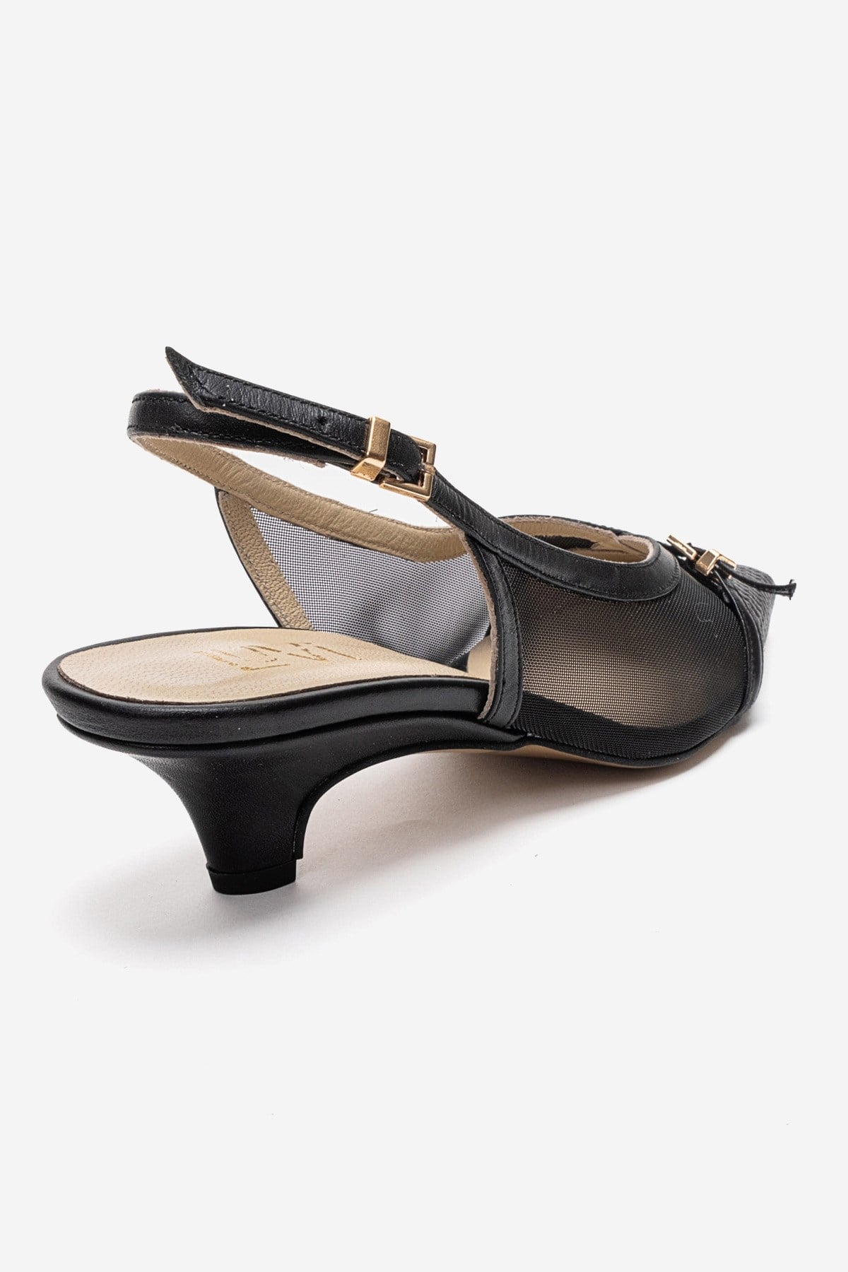 LAVIERA - Black Genuine Leather Slingback Low Heel Pump – back view showing leather, mesh, metallic, SimmiUnique