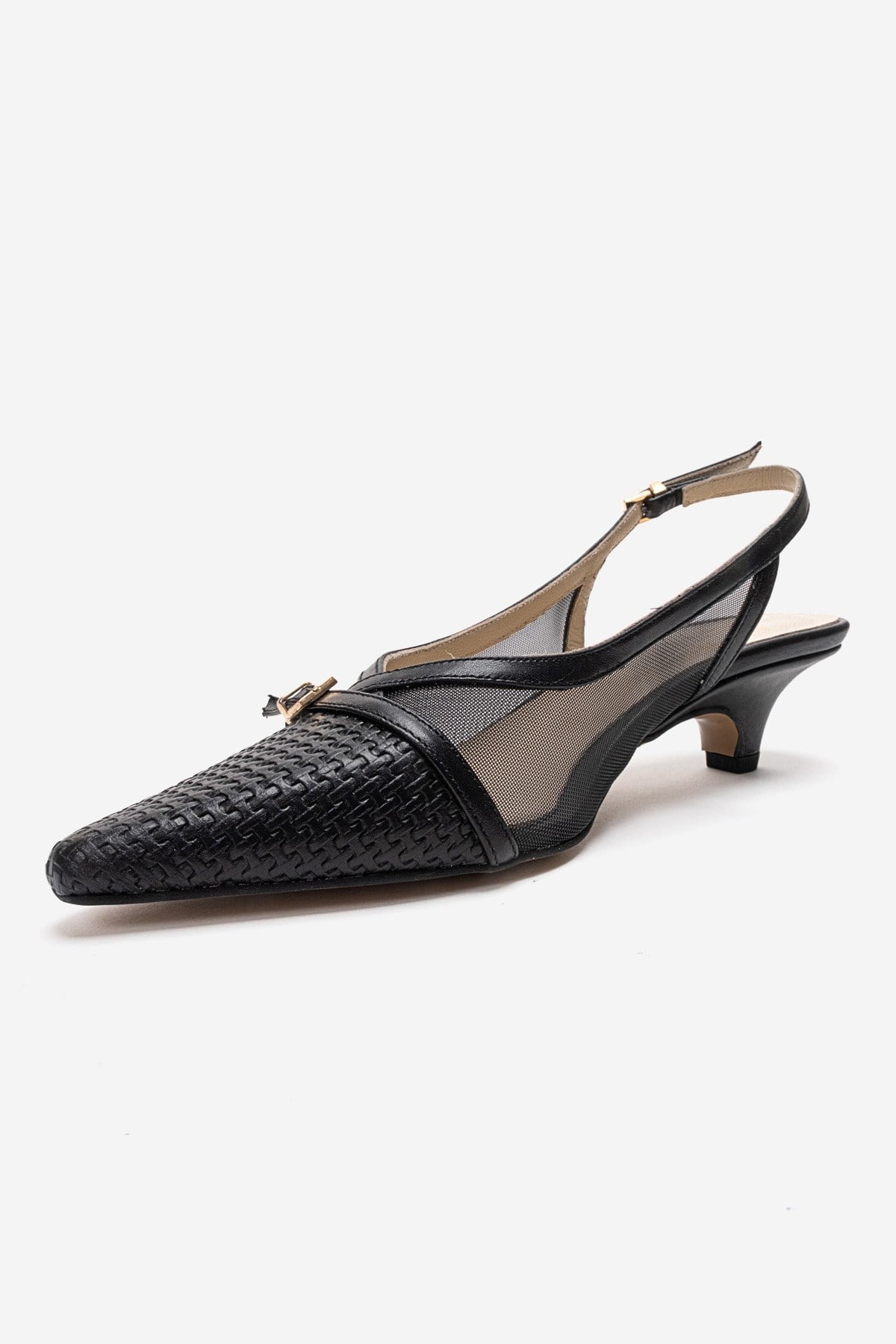 LAVIERA - Black Genuine Leather Slingback Low Heel Pump – top view showing leather, mesh, metallic, SimmiUnique