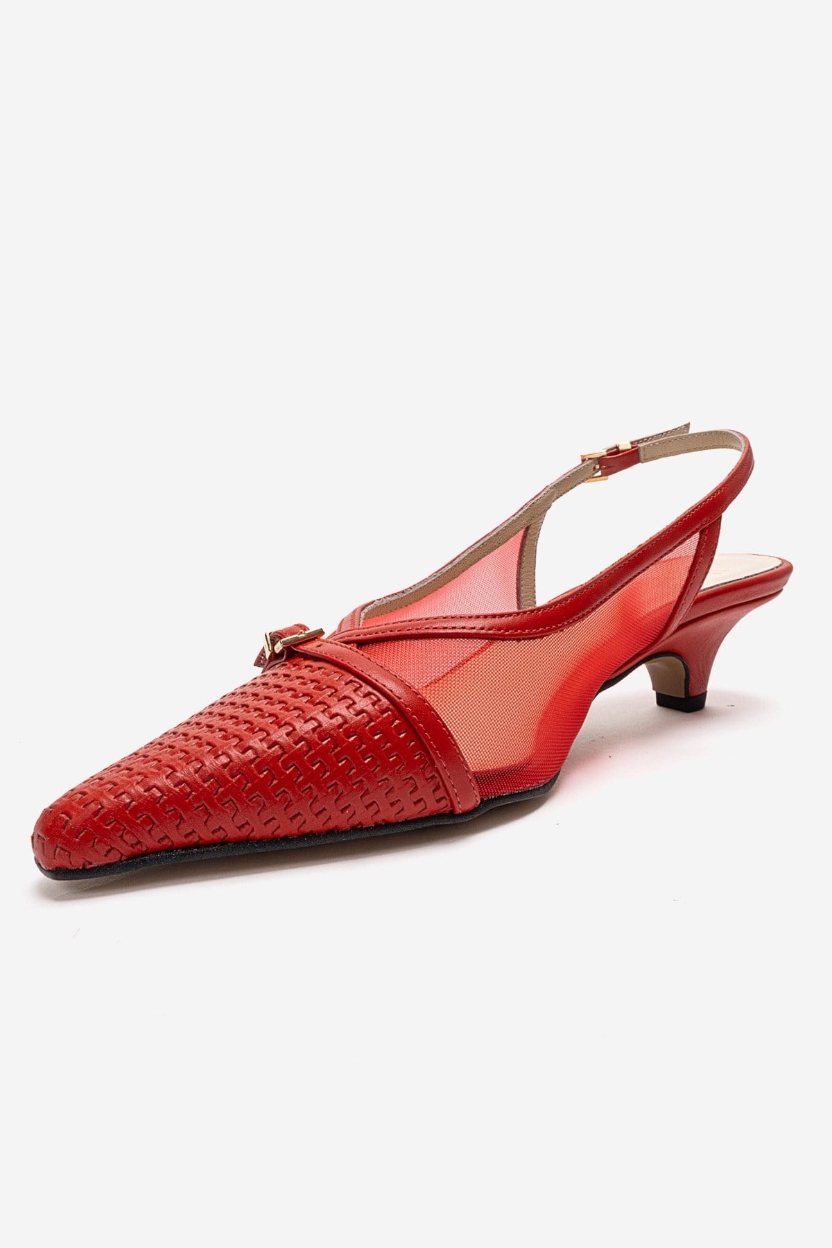LAVIERA - Red Genuine Leather Slingback Low Heel Pump – top view showing leather, mesh, metallic, SimmiUnique