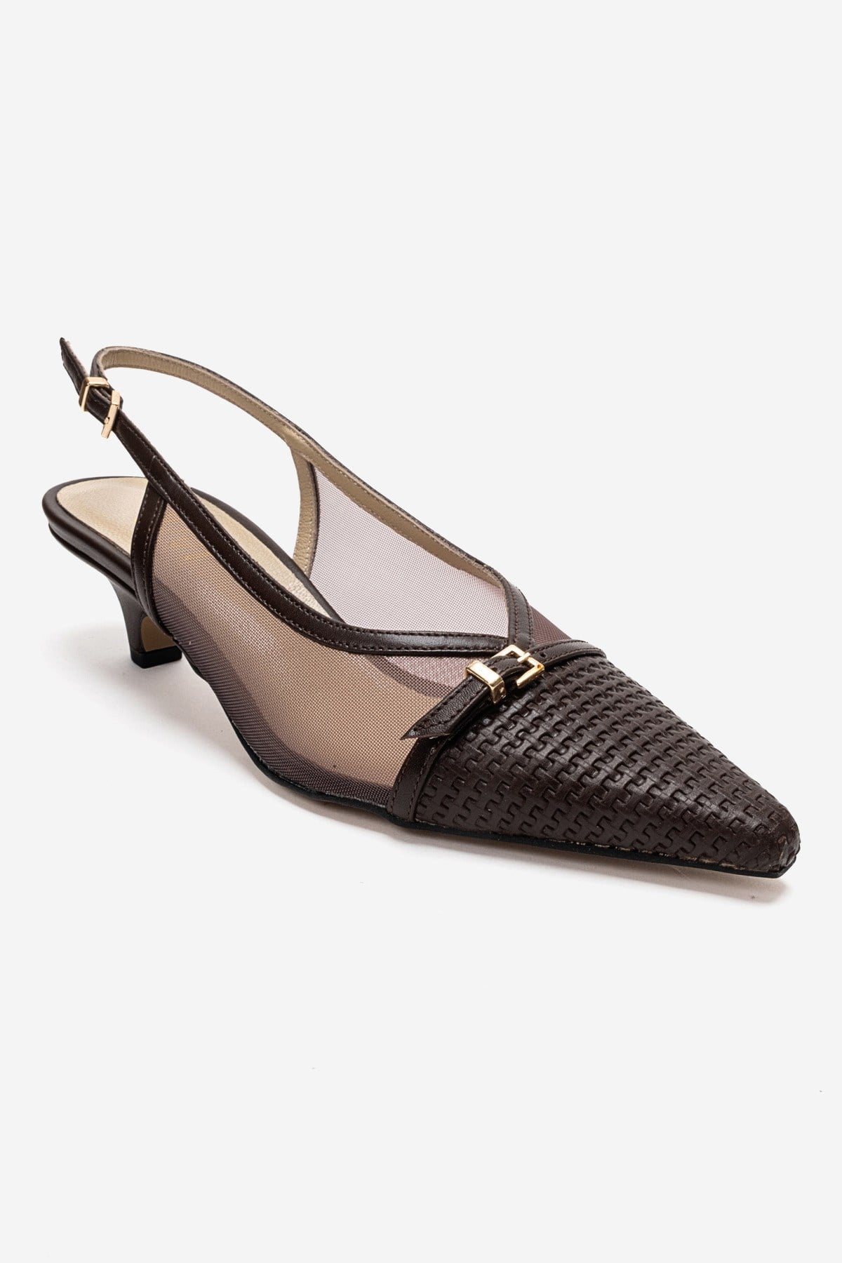 LAVIERA - Cognac Genuine Leather Slingback Low Heel Pump – detail view showing leather, mesh, metallic, SimmiUnique