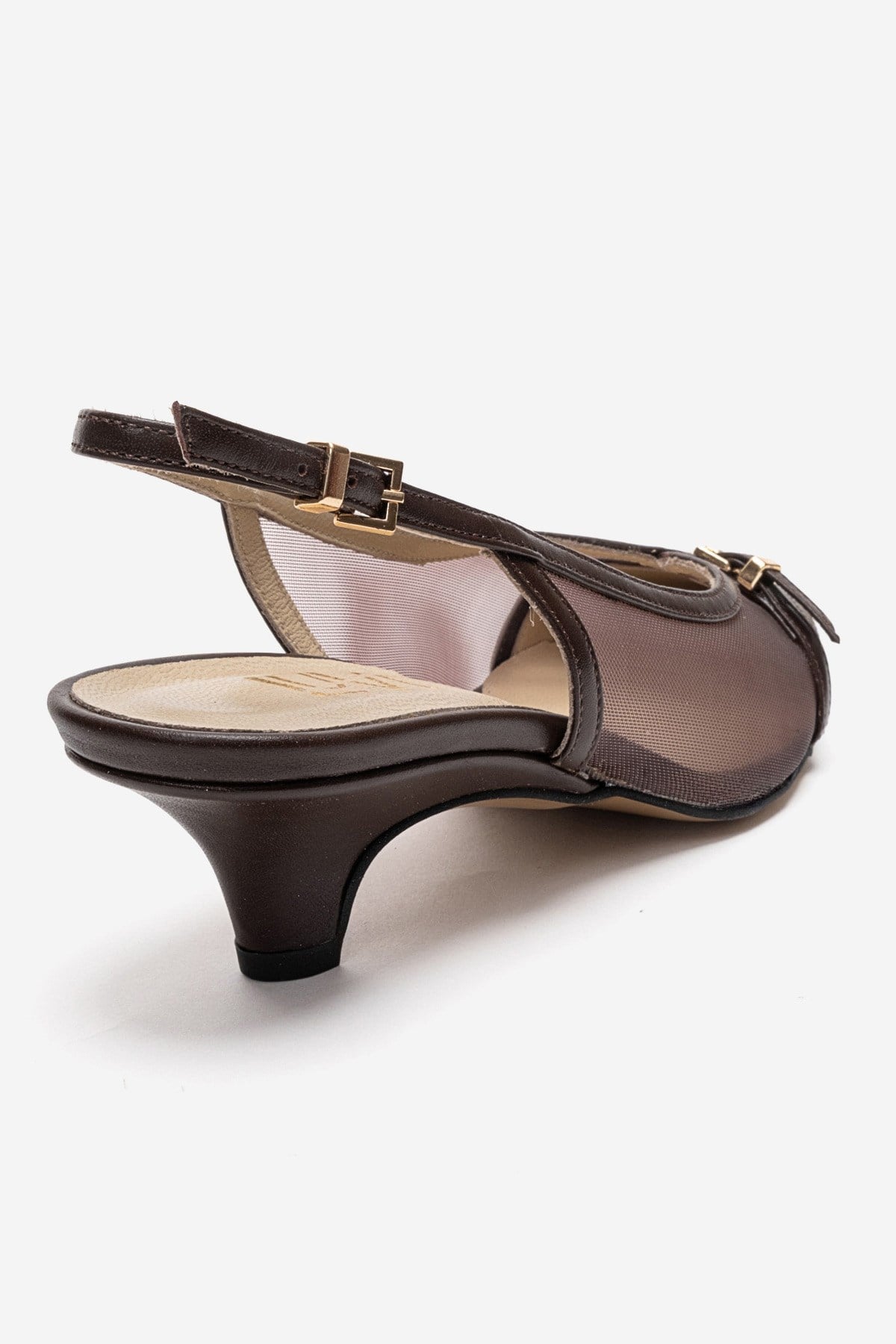 LAVIERA - Cognac Genuine Leather Slingback Low Heel Pump – back view showing leather, mesh, metallic, SimmiUnique