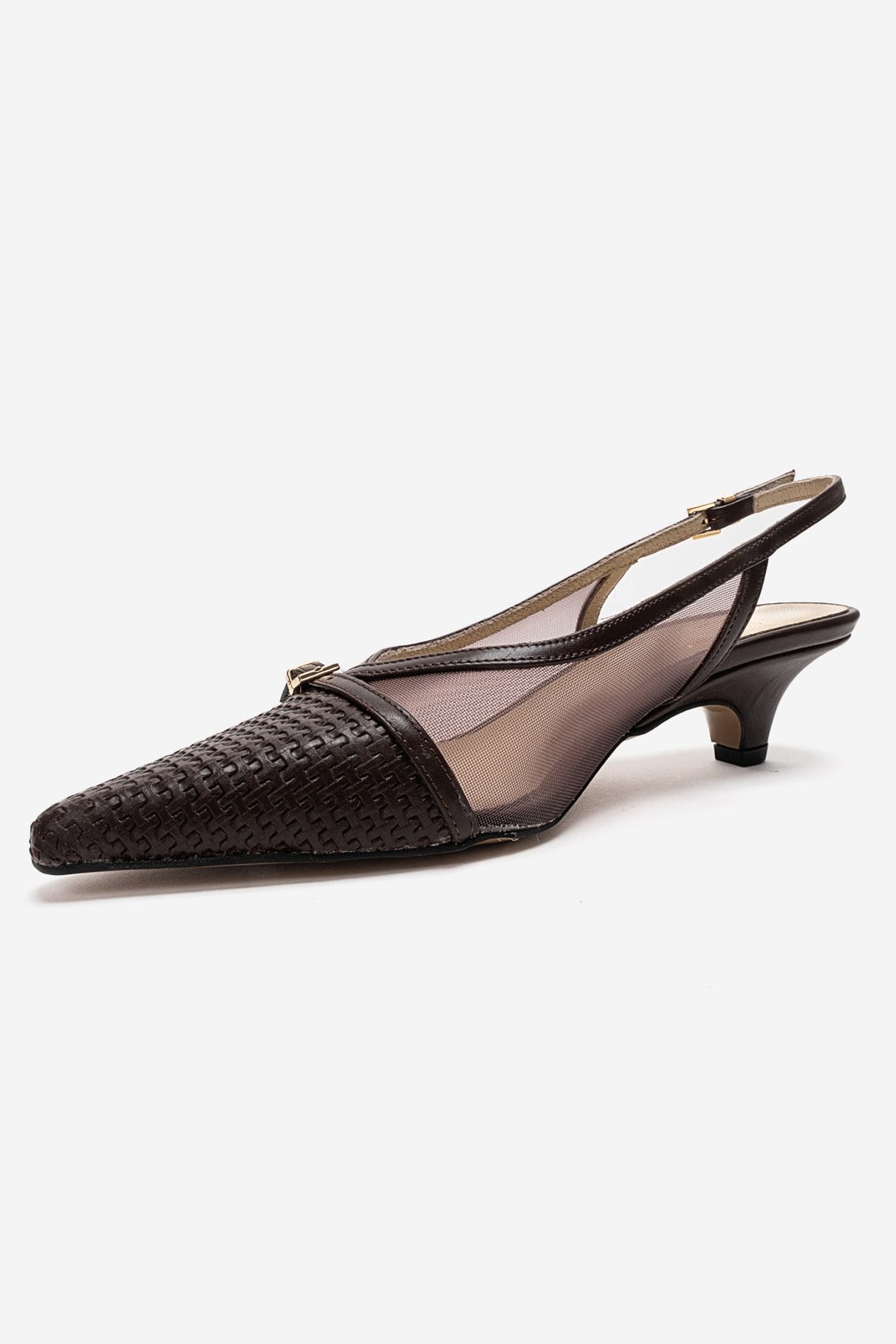 LAVIERA - Cognac Genuine Leather Slingback Low Heel Pump – top view showing leather, mesh, metallic, SimmiUnique