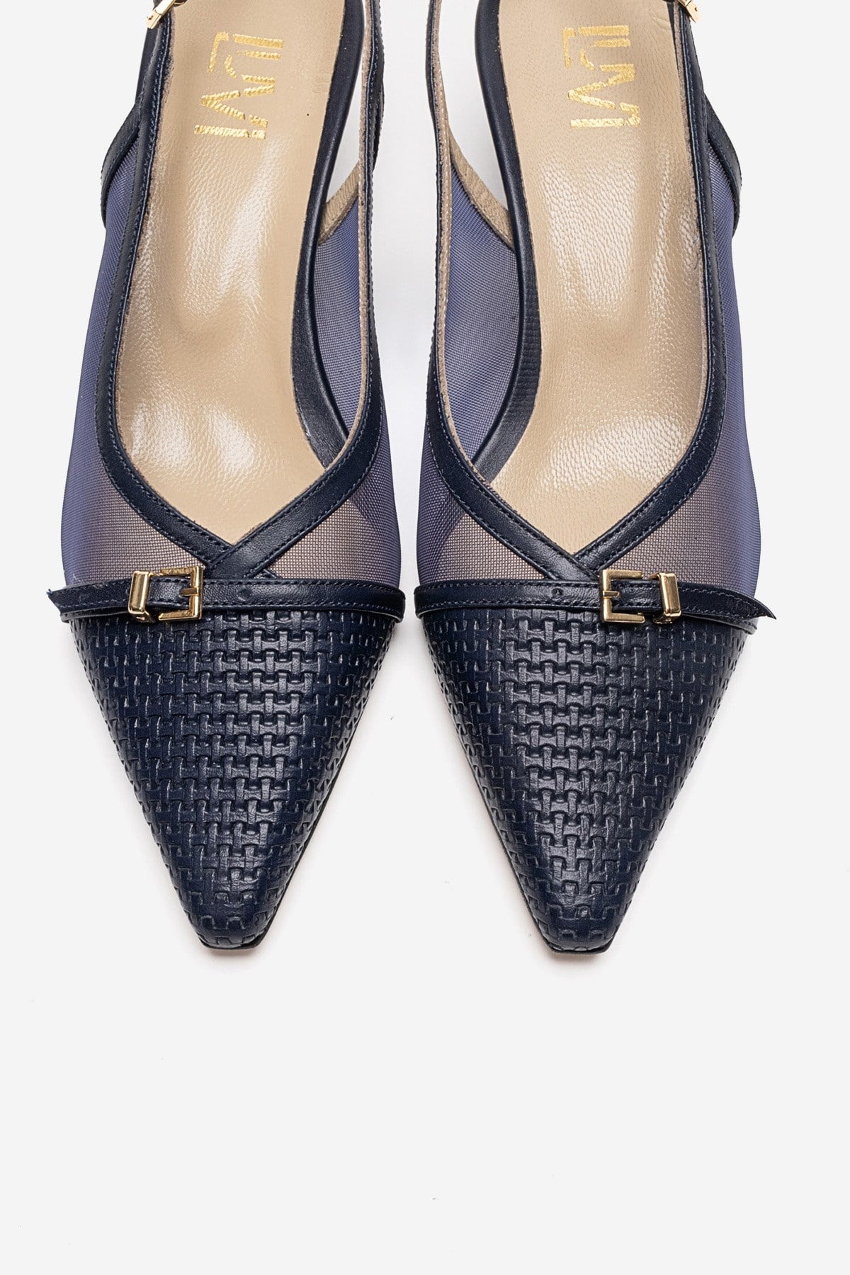 LAVIERA - Navy Genuine Leather Slingback Low Heel Pump – side view showing leather, mesh, metallic, SimmiUnique