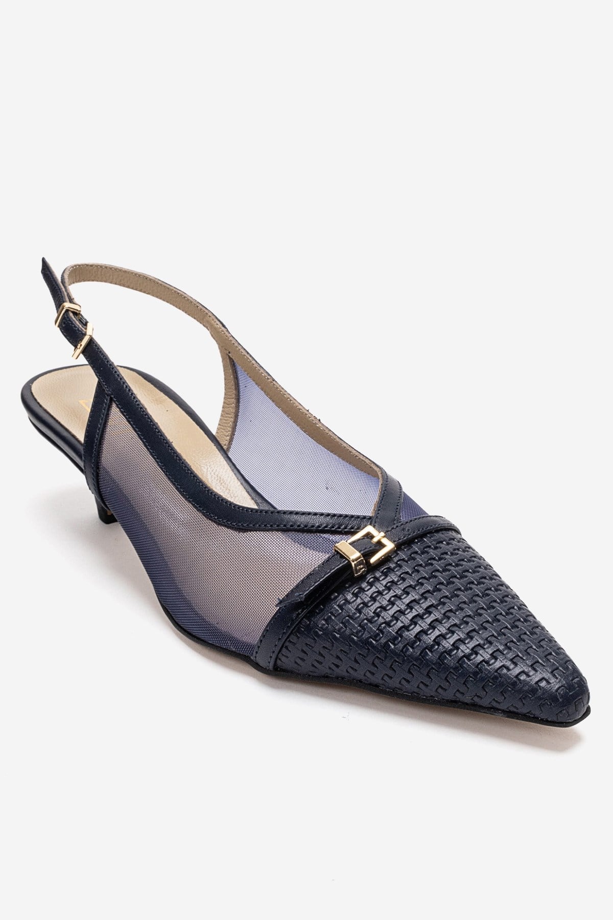 LAVIERA - Navy Genuine Leather Slingback Low Heel Pump – detail view showing leather, mesh, metallic, SimmiUnique