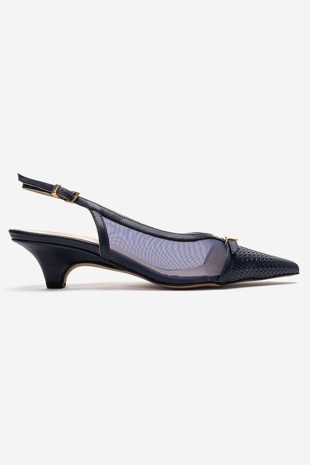 LAVIERA - Navy Genuine Leather Slingback Low Heel Pump – heel view showing leather, mesh, metallic, SimmiUnique